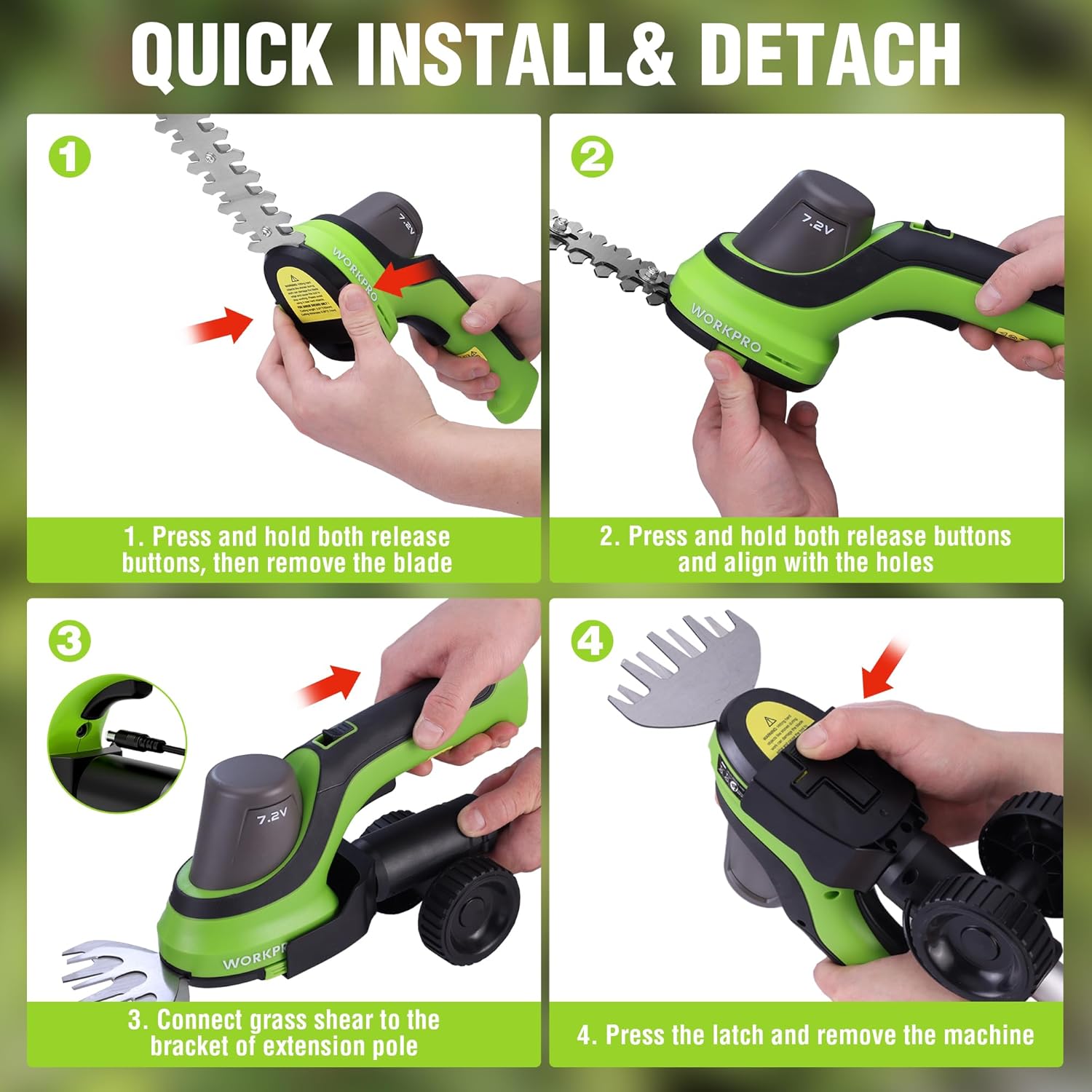 Hands detaching and attaching trimmer blades using the latch release