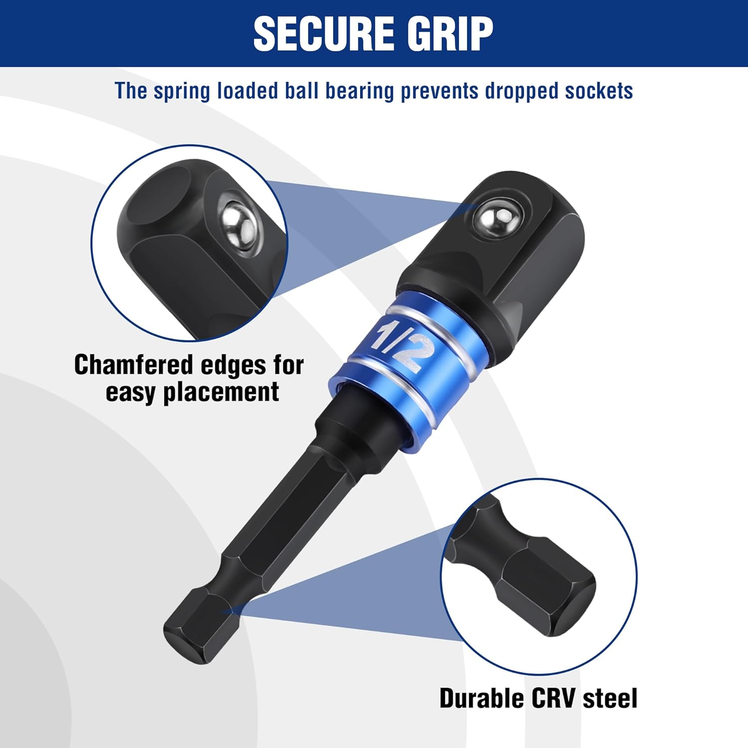 Socket adapter bit with spring-loaded ball detent and chamfered edges, black with blue band