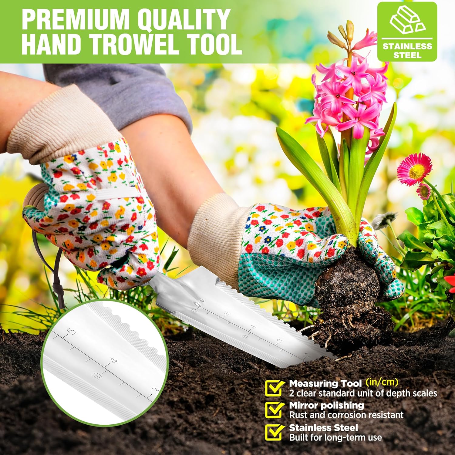 Hand trowel tool with stainless steel shovel blade and wood handle for planting
