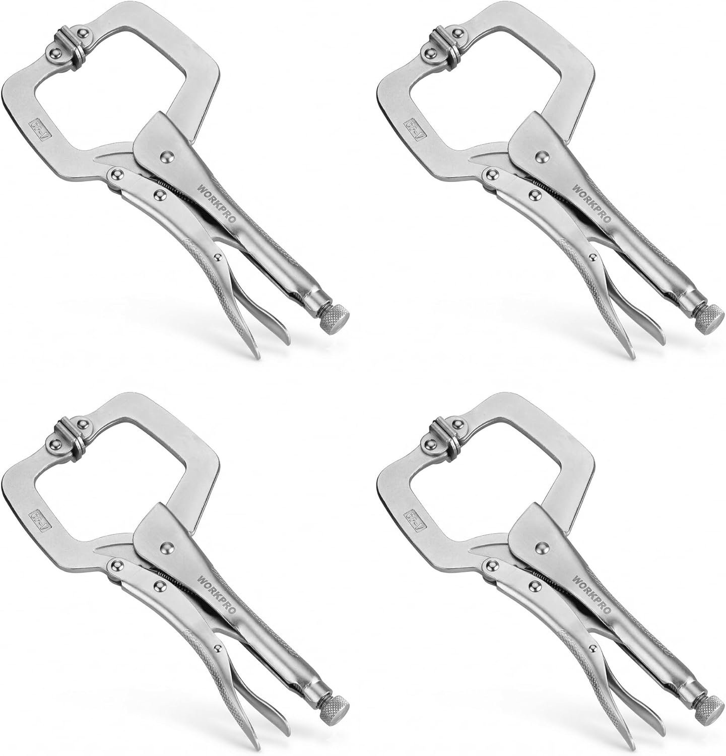 Four swivel-pad locking C-clamps set, gray steel bodies with adjustable screws and levers