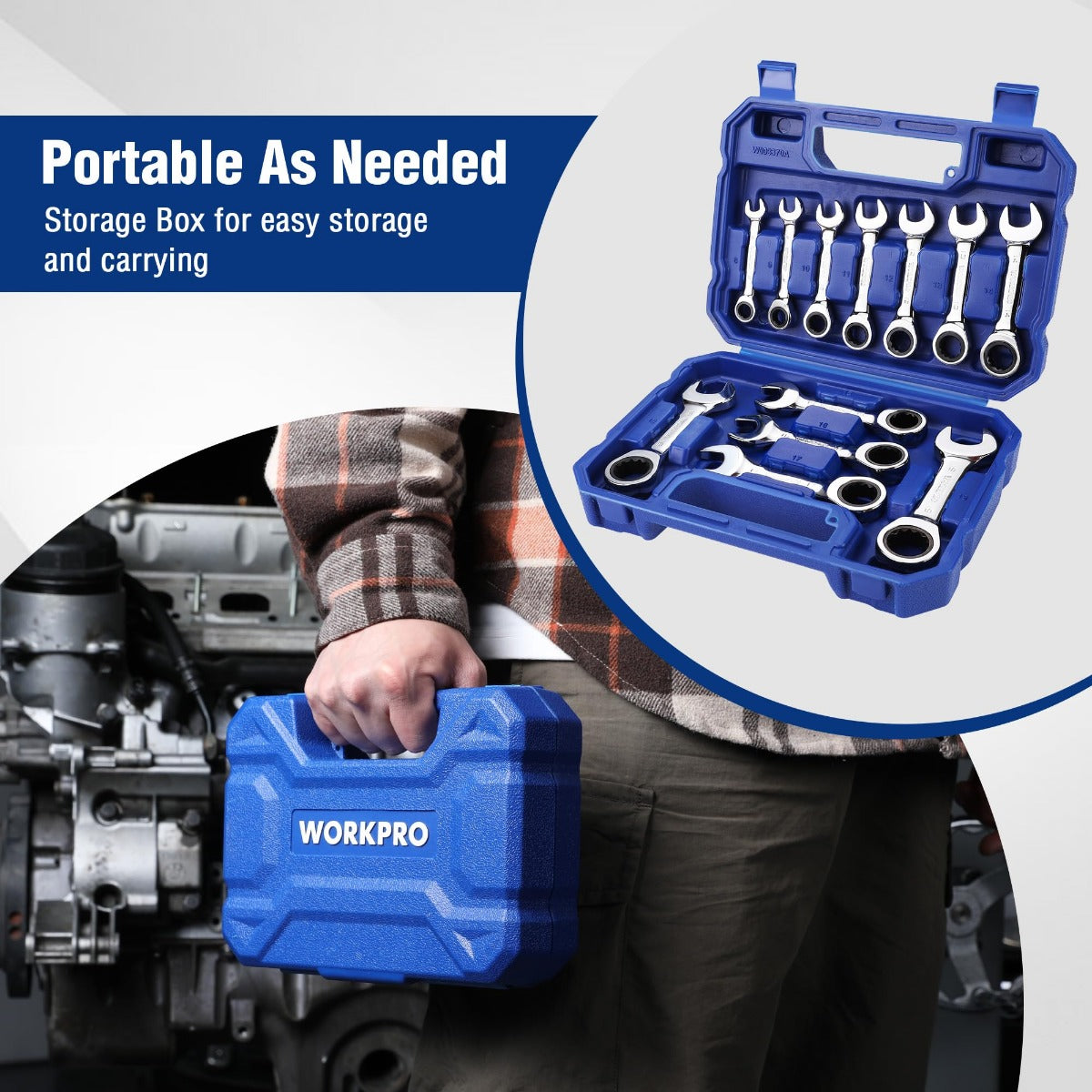 Stubby ratcheting wrench set in blue storage case held outdoors near a car engine