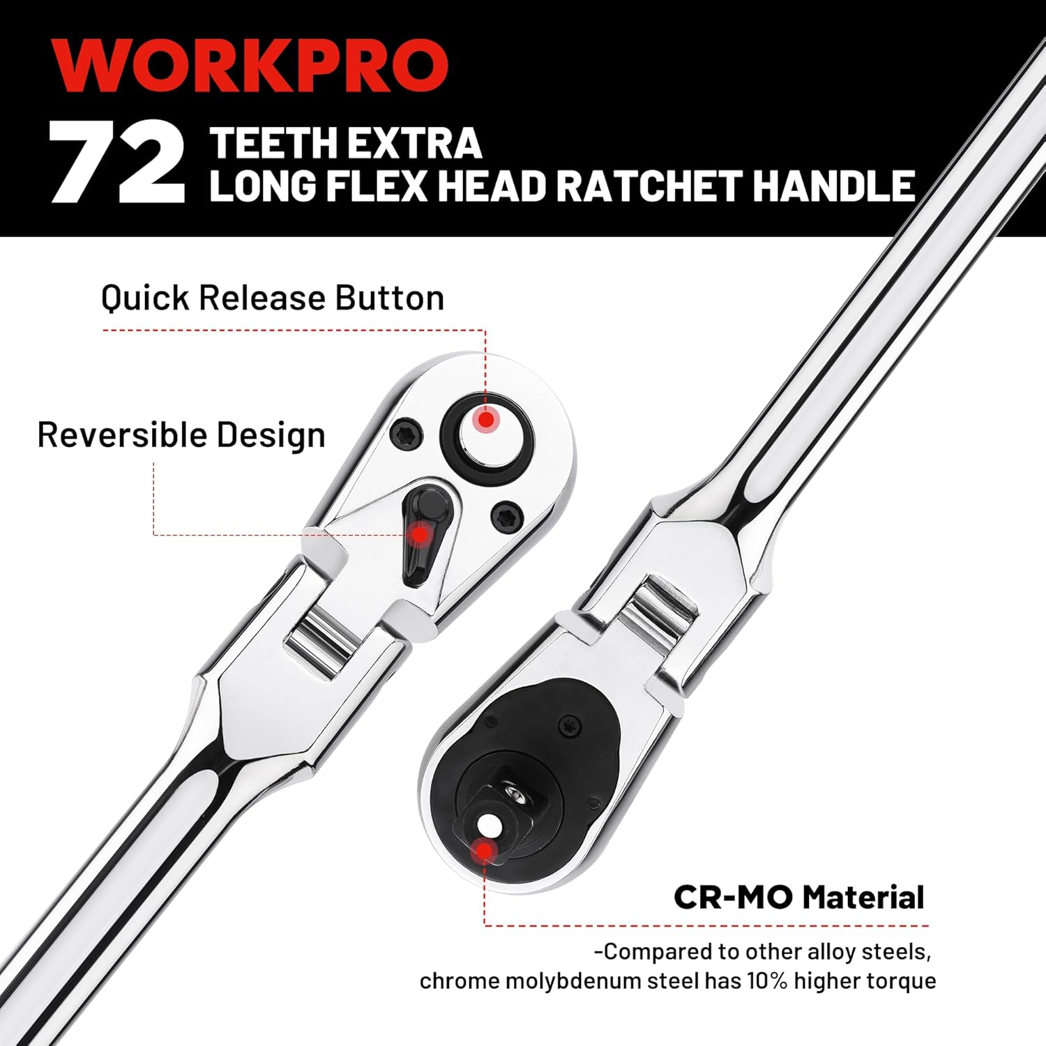 Long flex-head ratchet wrench with quick-release button and reversible head