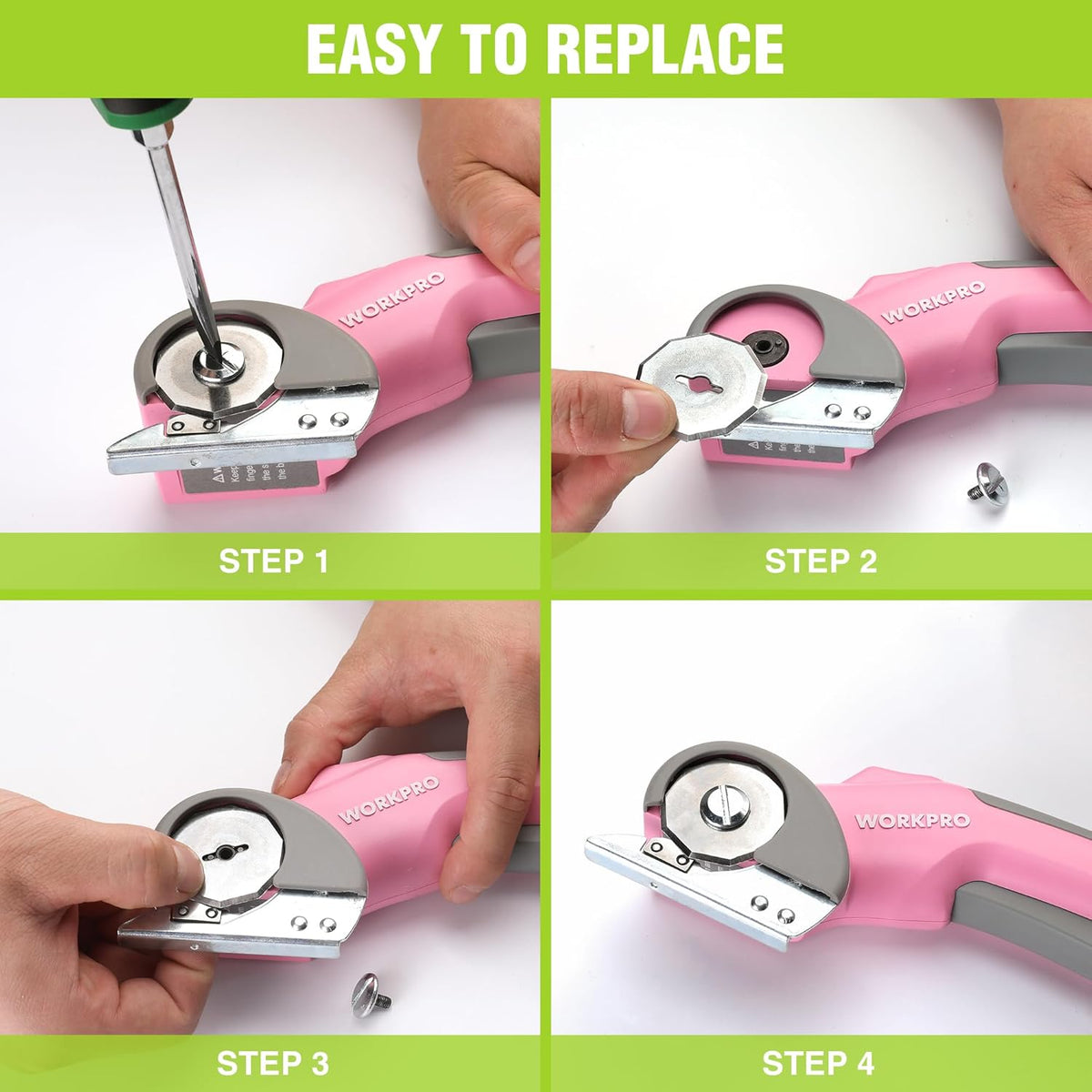 Rotary blade installed on pink cordless scissor, step-by-step replacement