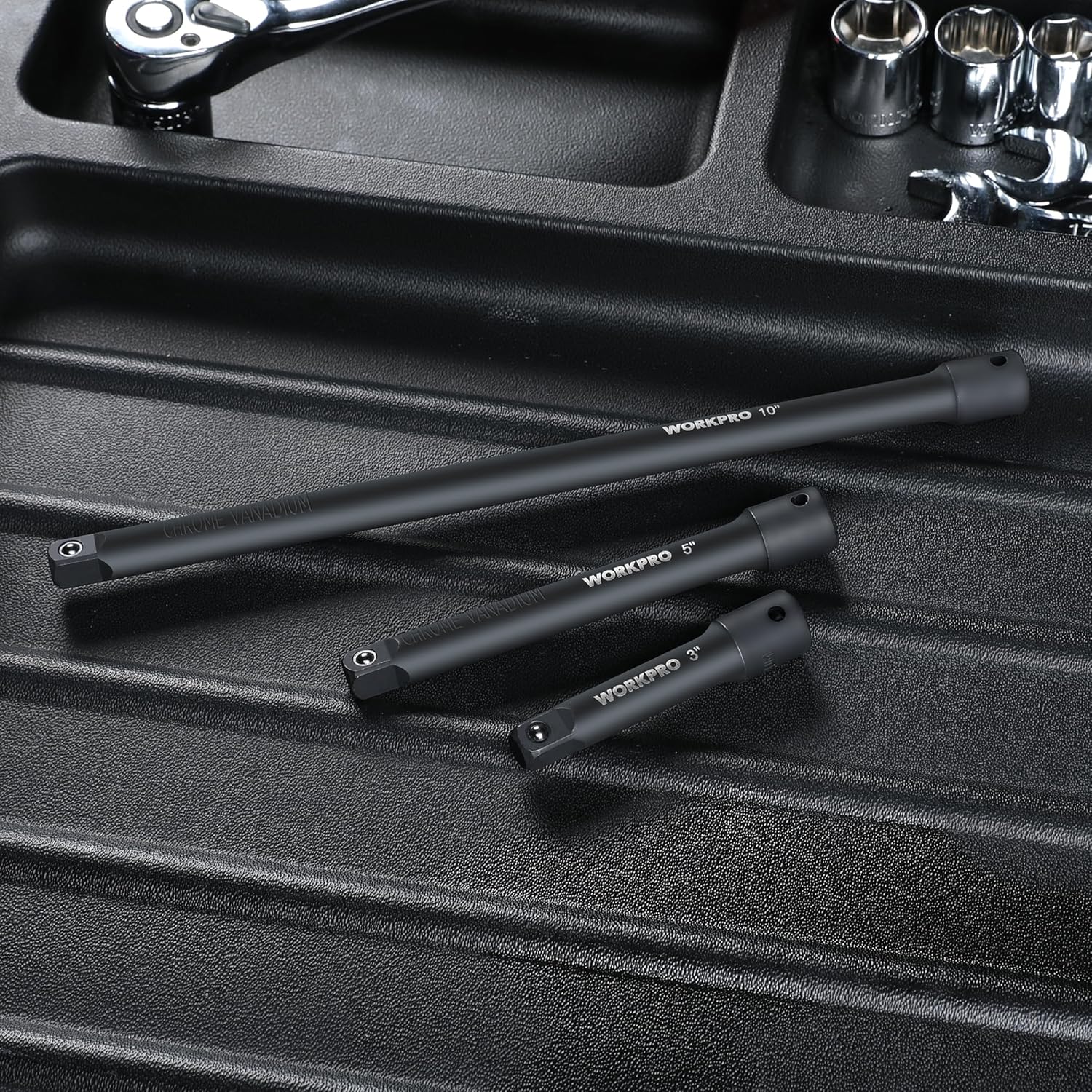 3/8-inch drive socket extension bar set, black phosphate finish, shown in tool tray
