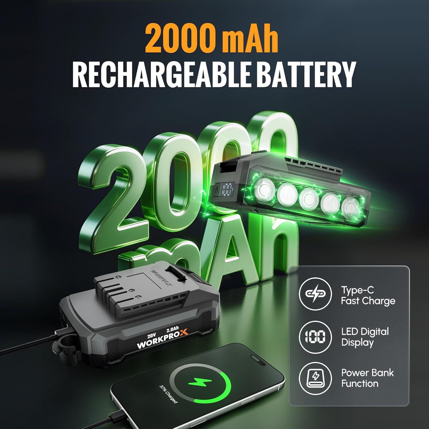 Rechargeable air duster battery pack with bright LED glow and Type-C fast charge