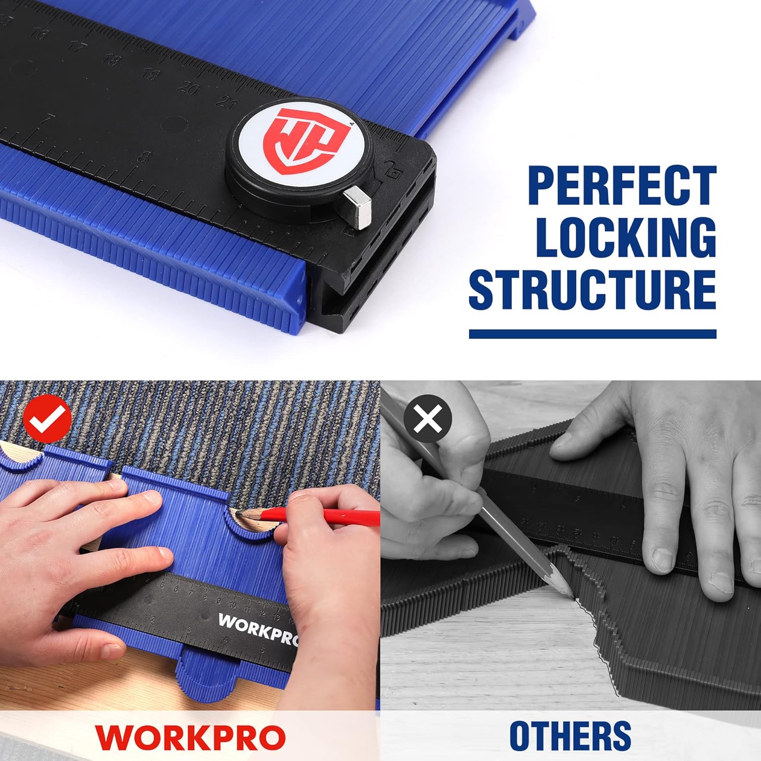 Blue contour gauge with black locking knob and flexible profile teeth for copying shapes