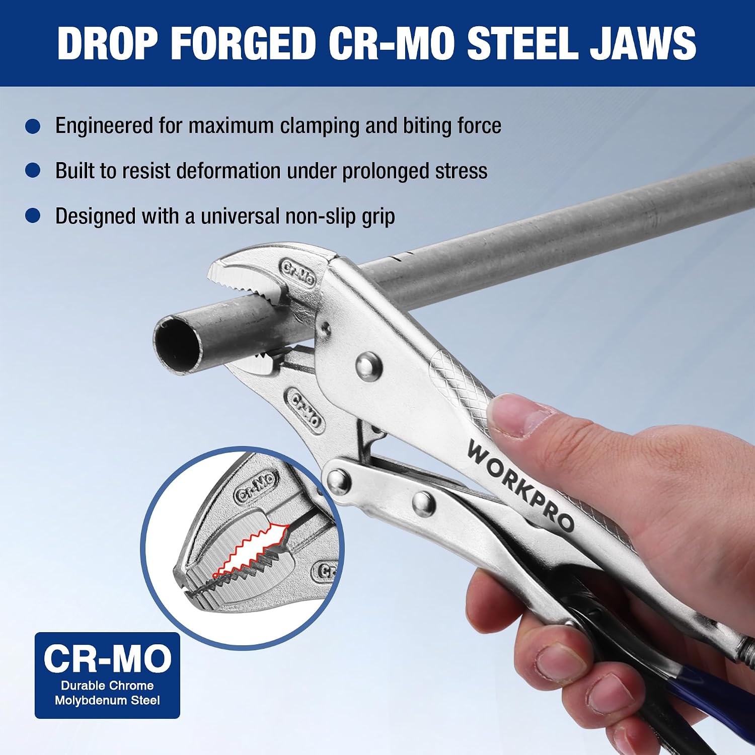 WORKPRO curved jaw locking pliers with drop-forged CR-MO steel jaws and blue handle
