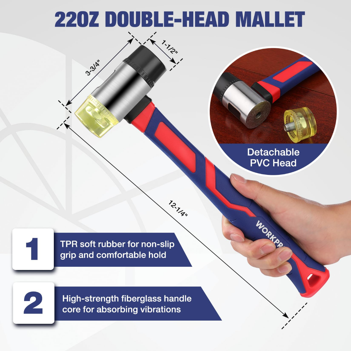 220Z double-head mallet with detachable PVC head and TPR non-slip grip