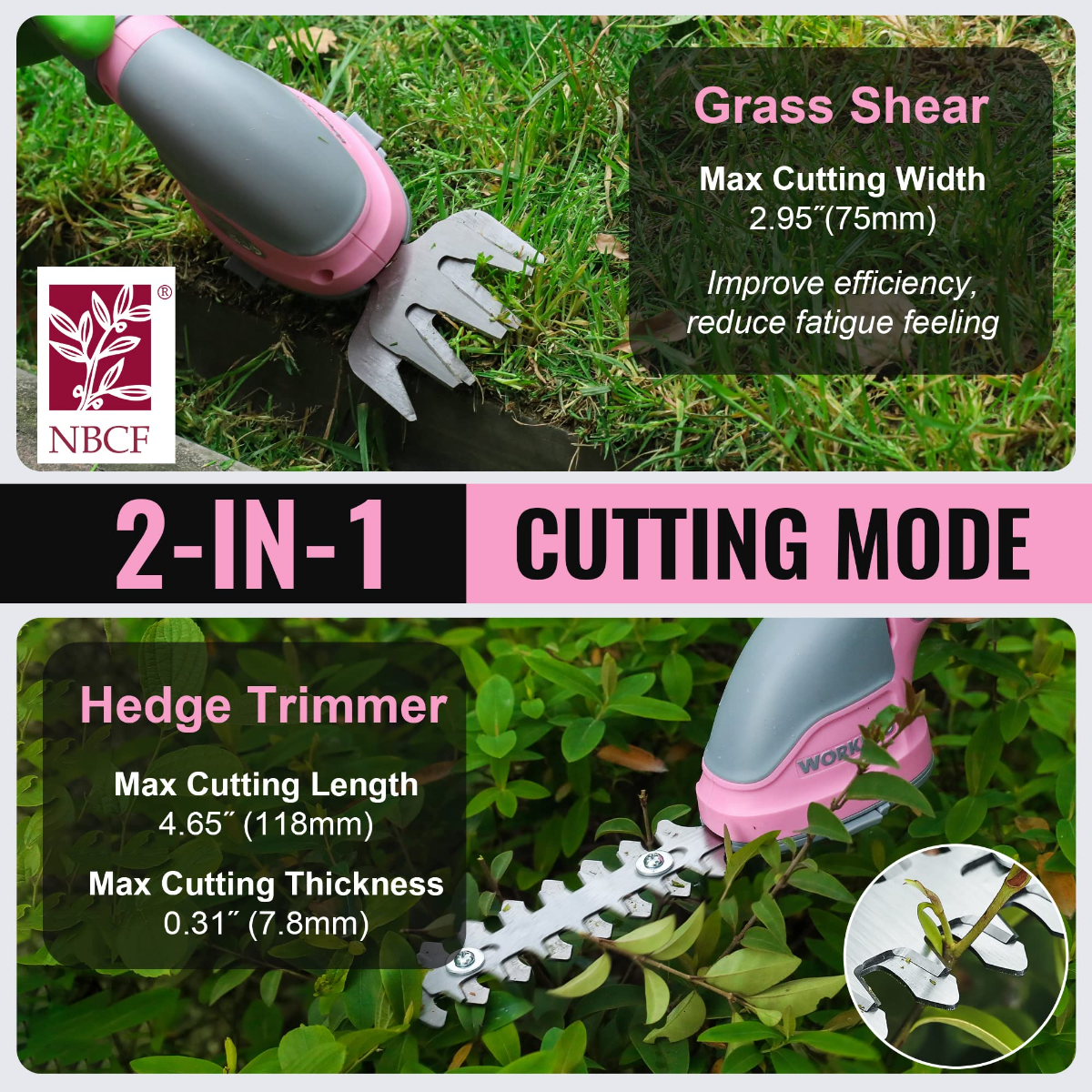 Cordless 2-in-1 shrub and grass trimmer with hedge and grass cutter blade attachments