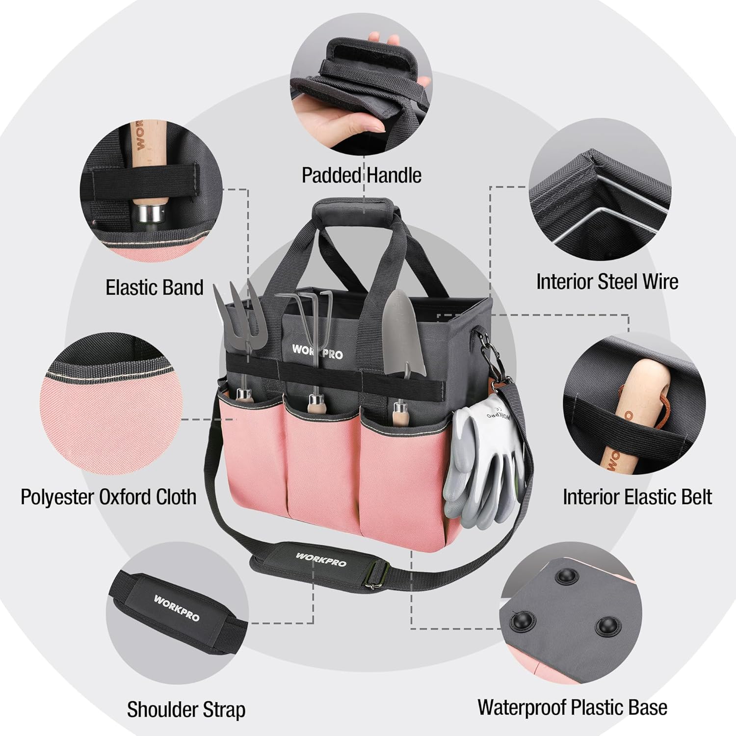 WORKPRO tool tote bag in pink and gray with padded handle, elastic bands, and steel wire frame