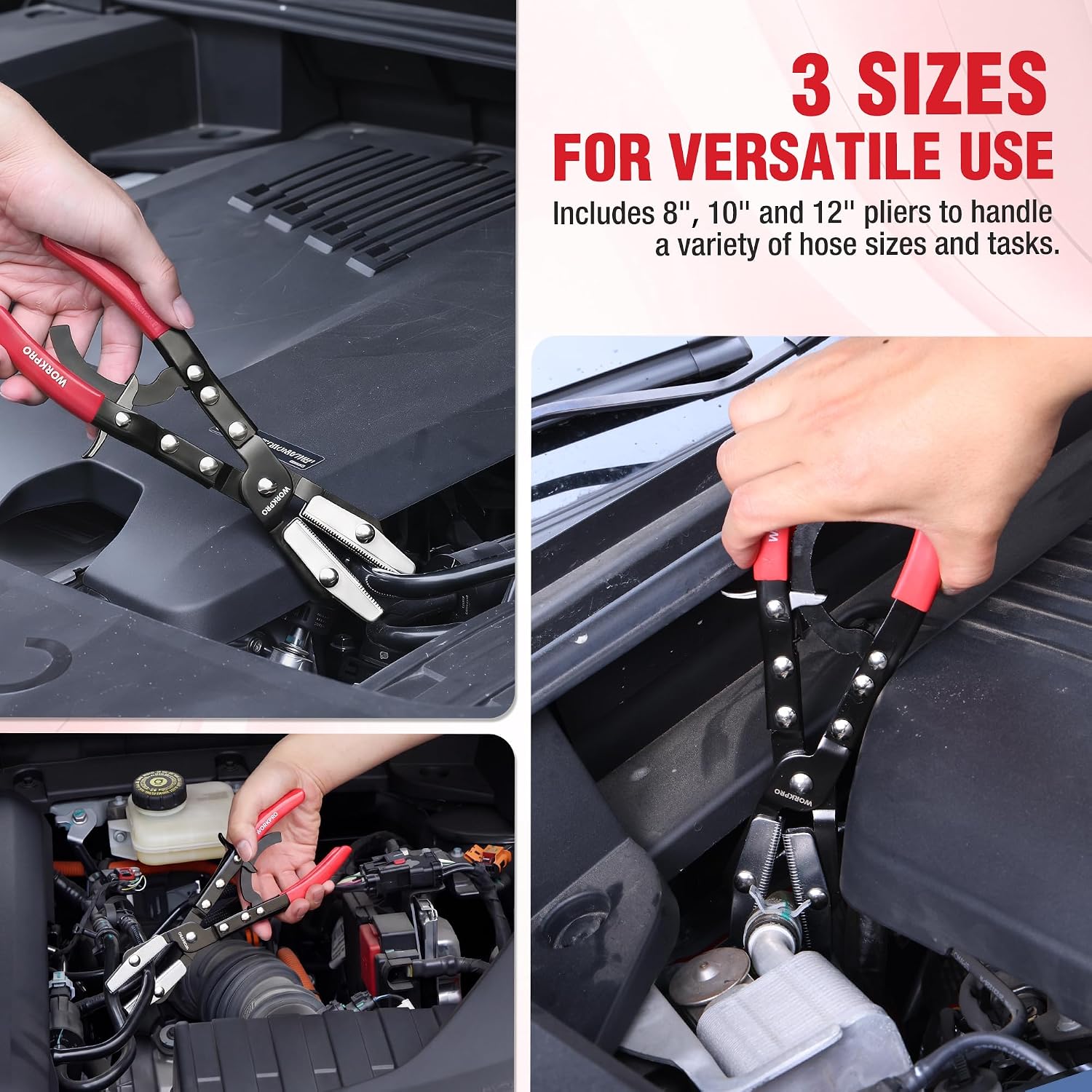 Ratcheting hose clamp pliers in use on car engine hoses, red handles and black jaws