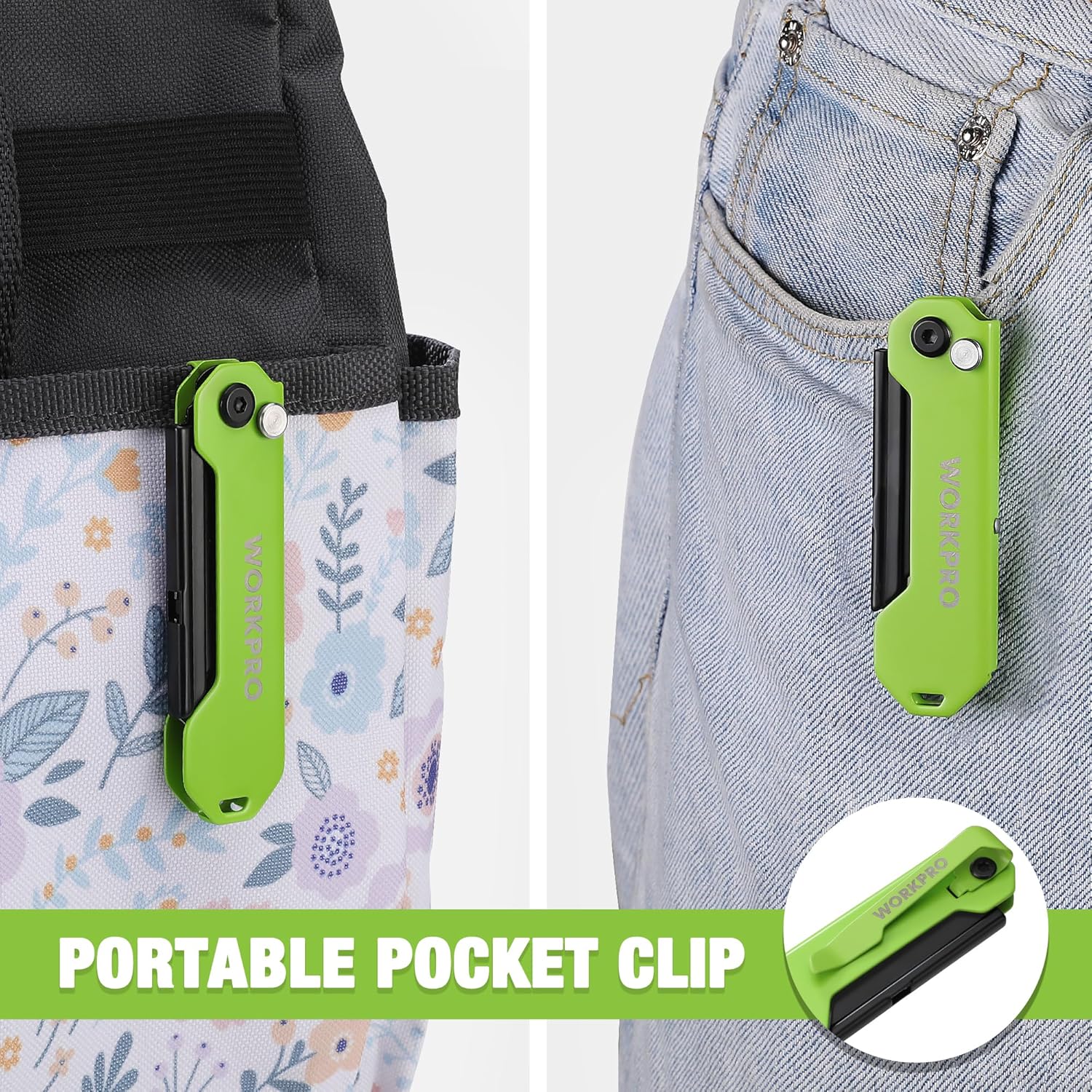 Pocket clip folding utility knife in green with black blade, clipped on denim