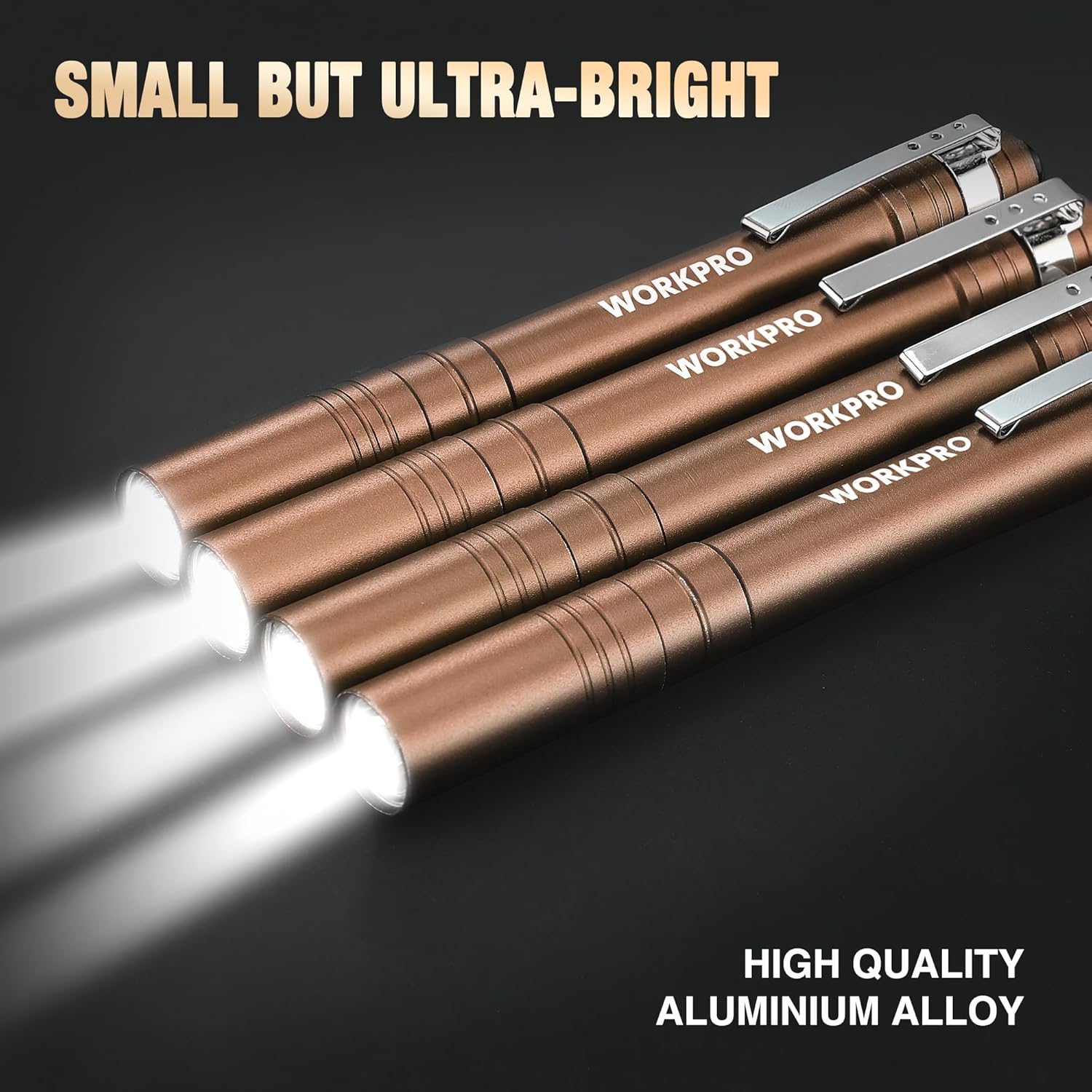Brown LED pen flashlight with pocket clip, side view