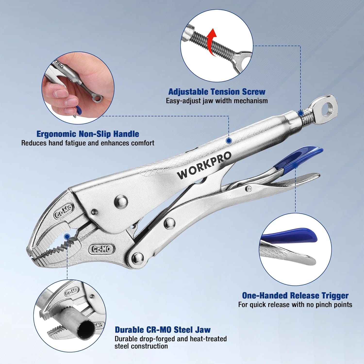 WORKPRO locking pliers with non-slip handle and adjustable tension screw mechanism