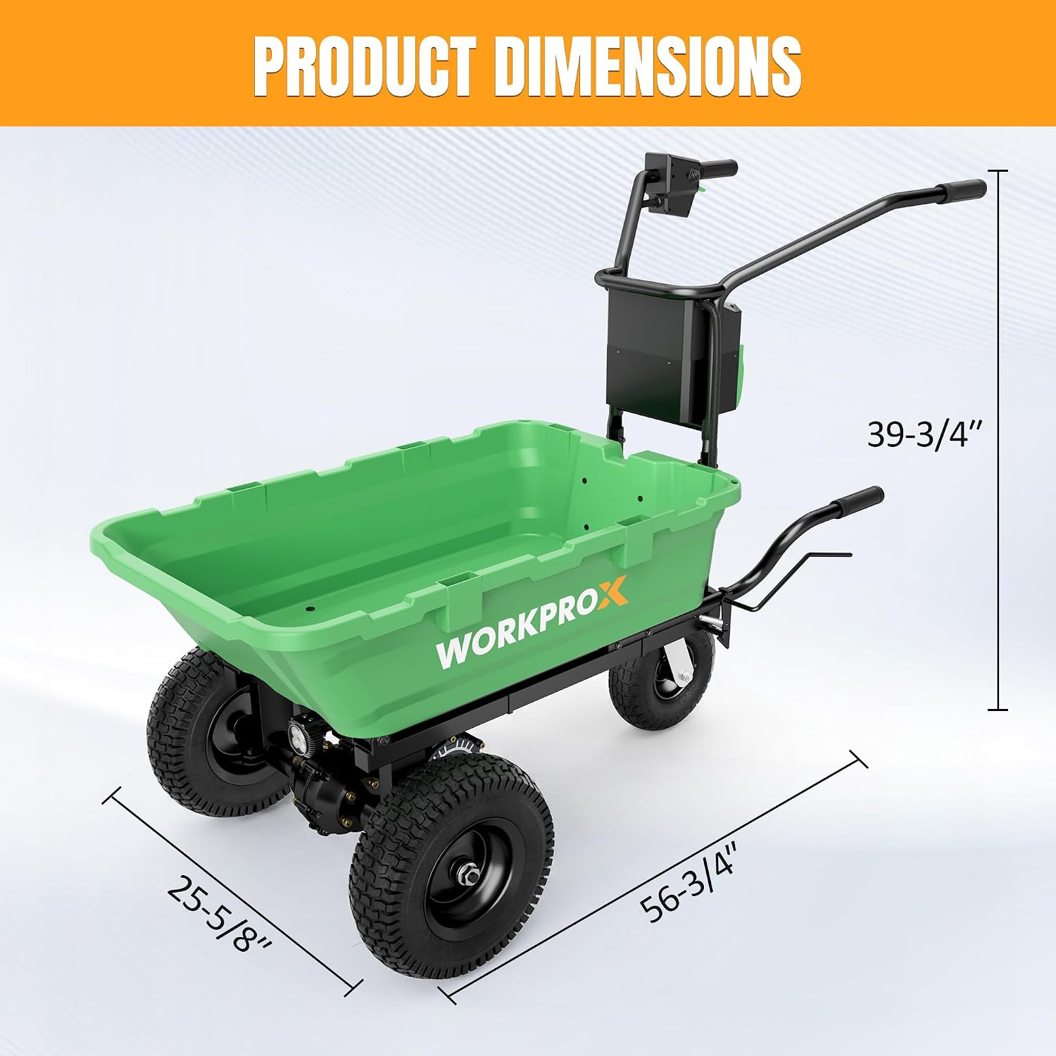 WORKPROX green electric wheelbarrow side view with black handle and four-wheel base