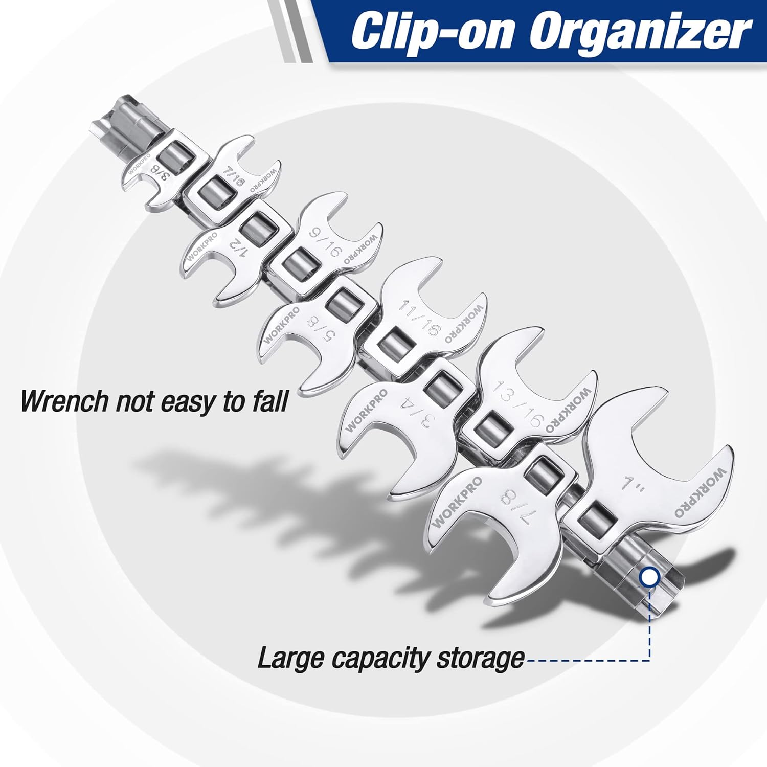 WORKPRO crowfoot wrench set with clip-on organizer, chrome-plated 3/8 in drive