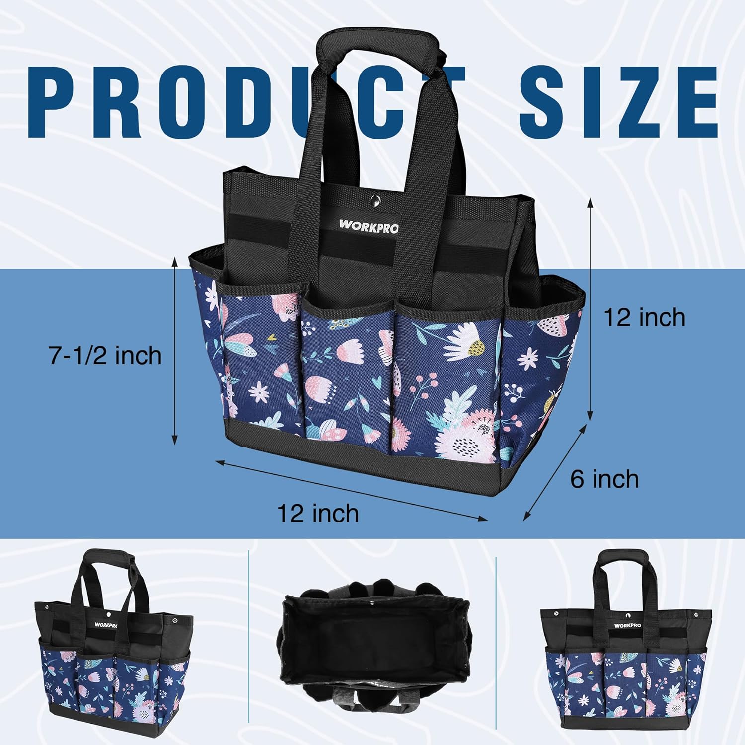 Blue WORKPRO gardening tote bag with black handles and front pocket rows, insect print.