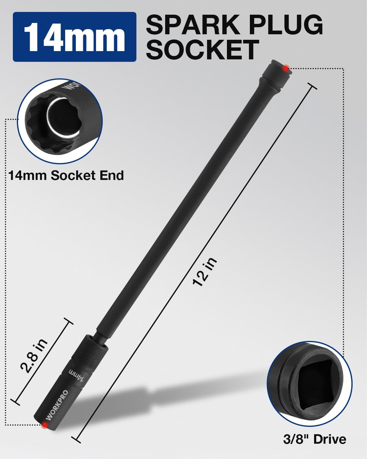 14mm 12-point magnetic spark plug socket, 3/8-inch drive, slim thin-wall end