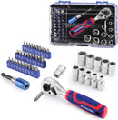 WORKPRO 42 PCS 1/4" Drive Mini Socket Ratchet Wrench Set, Right Angle Screwdriver Bit Set, Dual Socket & Bit Head Ratchet, Metric Sockets 4-13mm, Quick-Release Bit Holder, with Storage Case