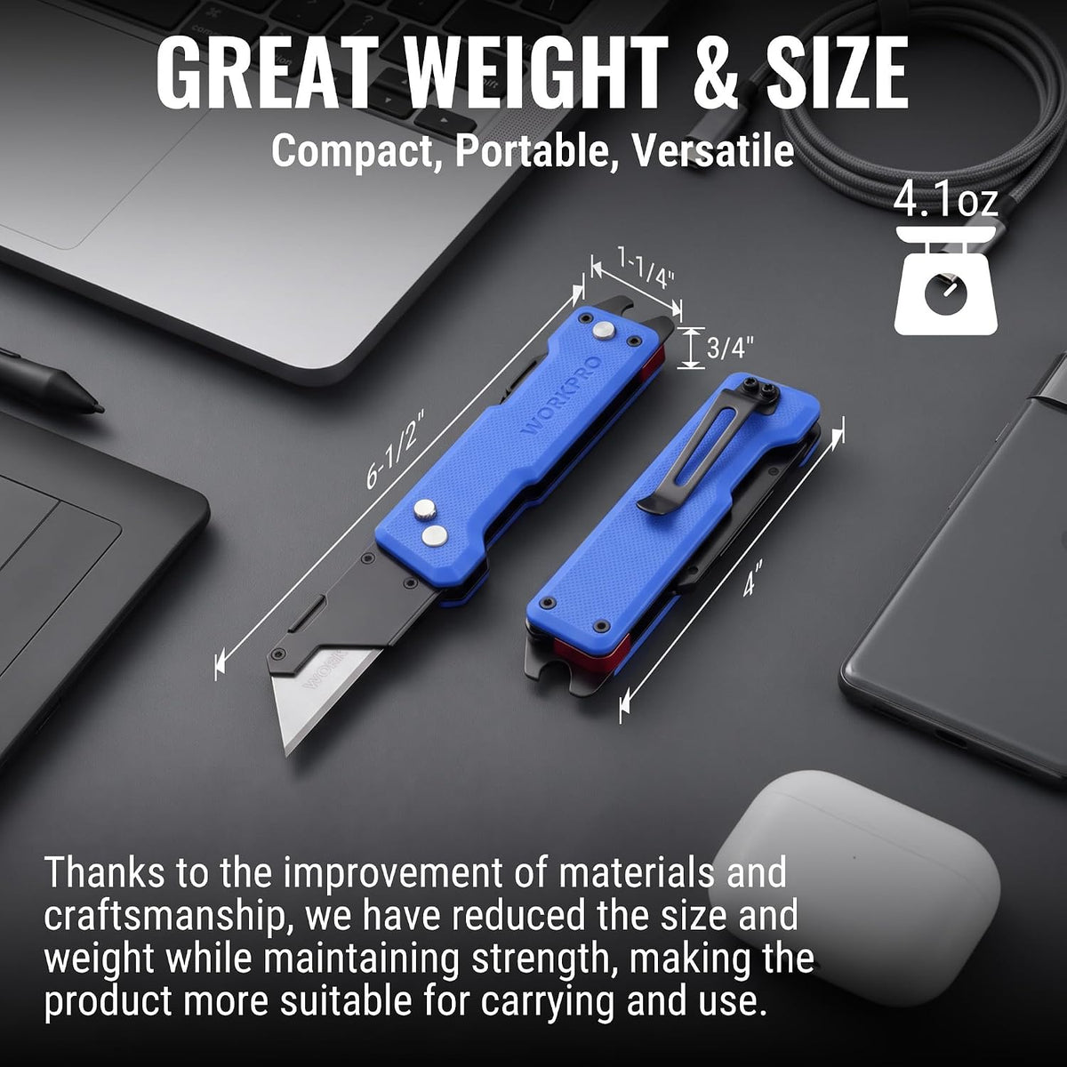 Workpro premium folding utility knife in blue with a compact 6 1/2 inch profile and 4.1 ounce weight.