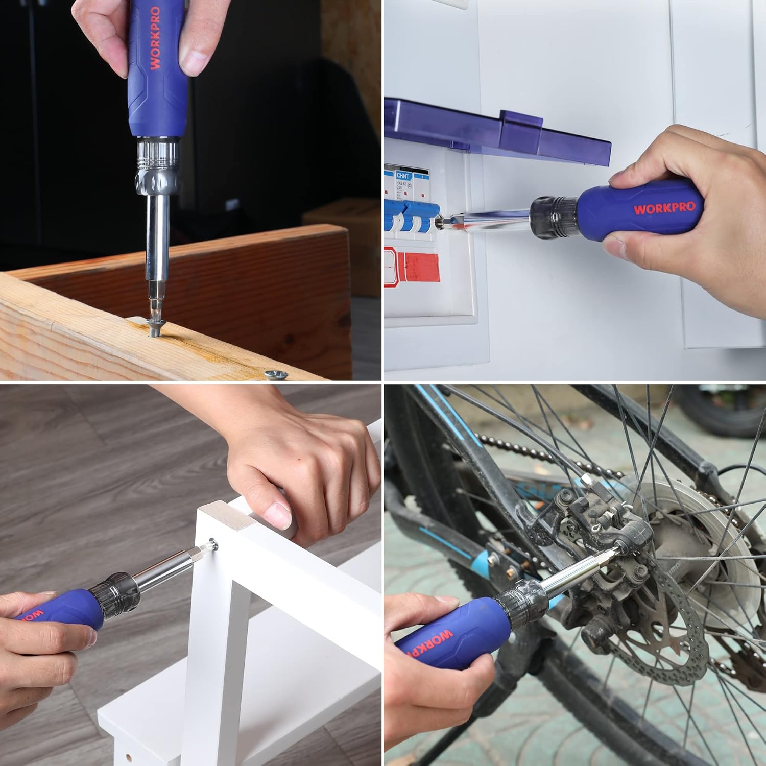 Blue-handled screwdriver used to drive screws into wood and install hardware