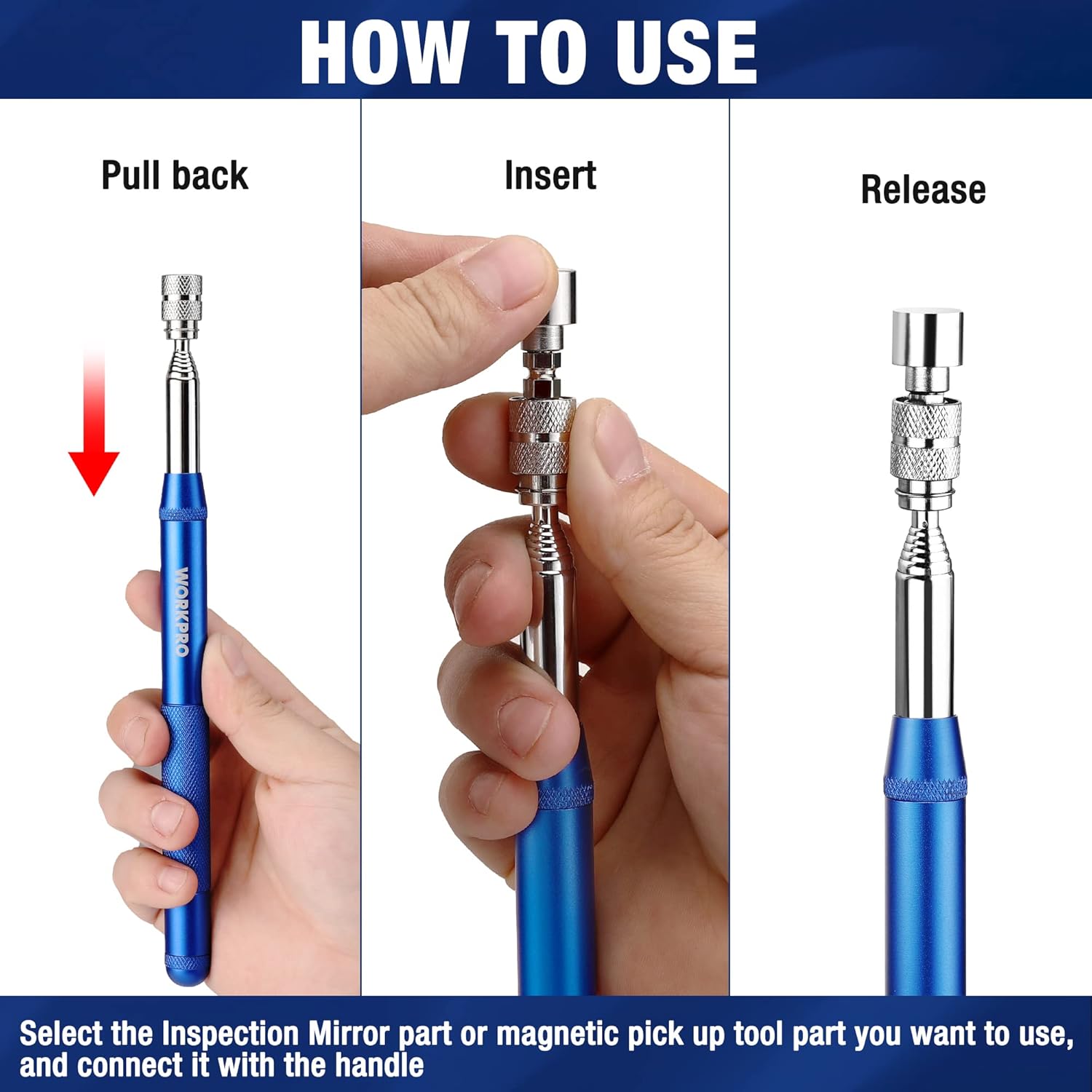 Telescoping handle with connector parts for inspection mirror or magnetic pickup tool