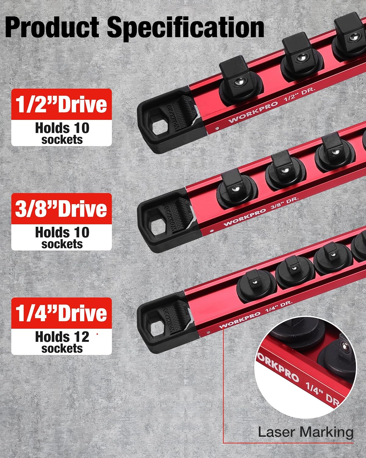Red socket organizer rails labeled 1/2-in, 3/8-in, and 1/4-in drive capacities.