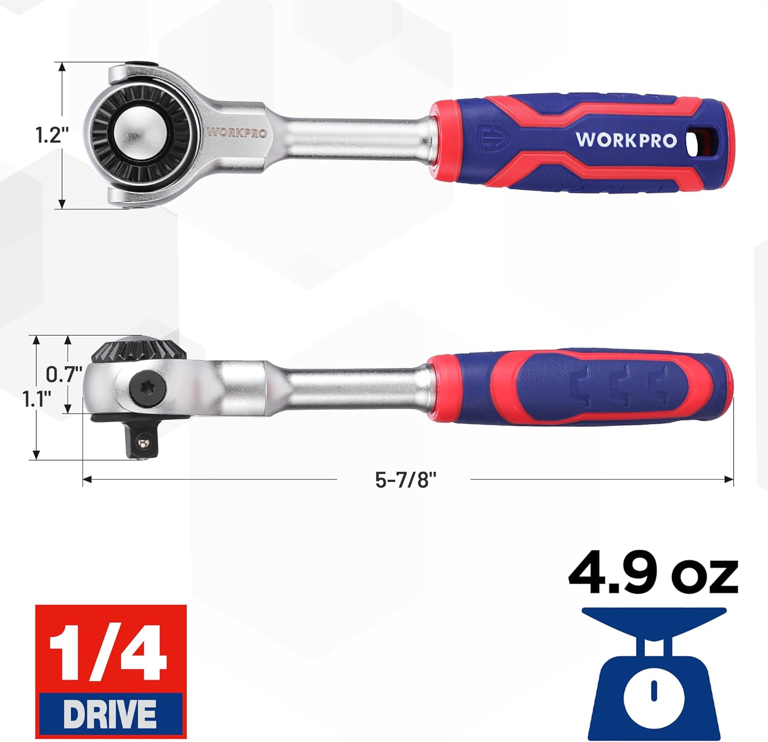 1/4-inch drive swivel head ratchet tool with chrome head and red-blue handle