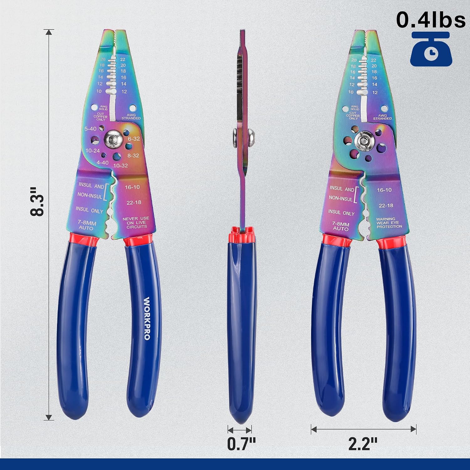 Wire stripper and crimping tool with blue handles and rainbow-coated jaws, shown in size views