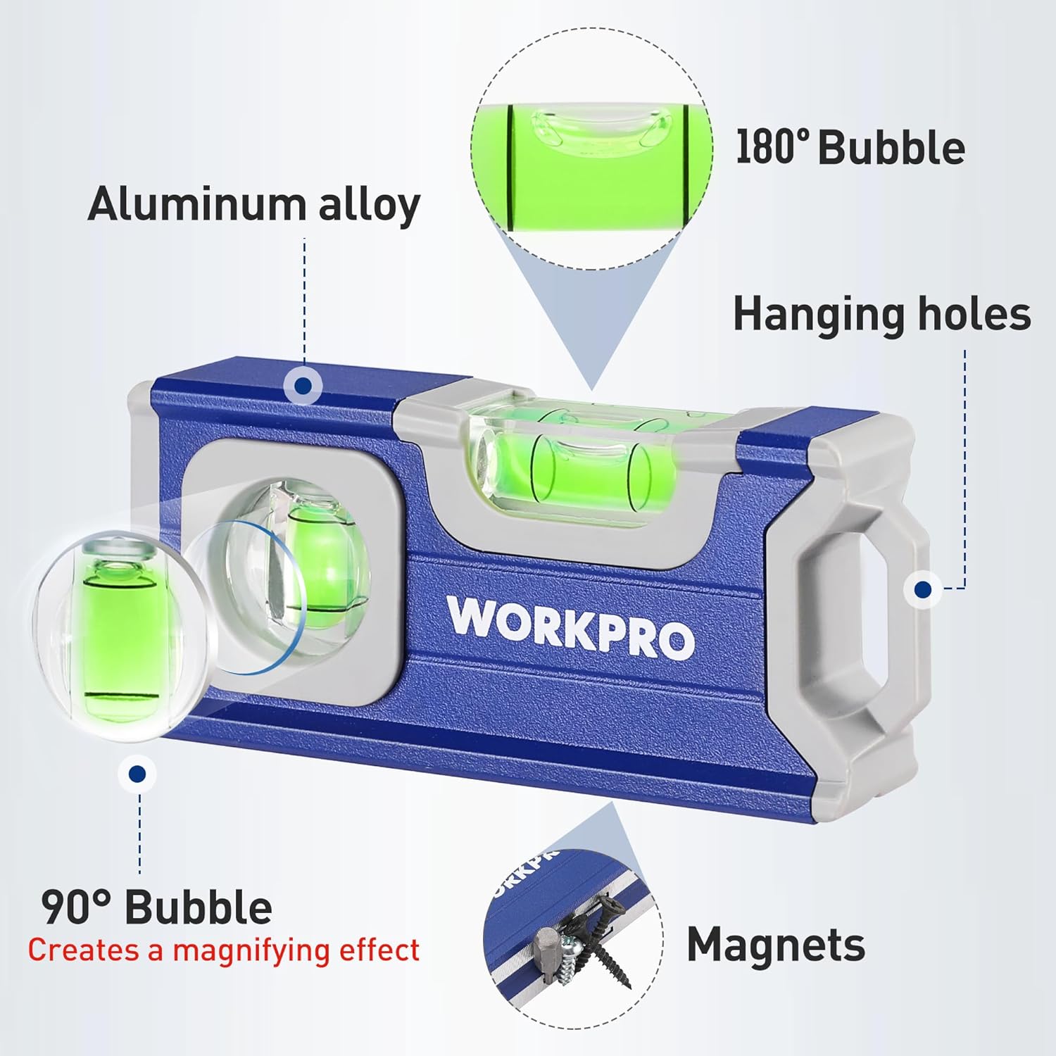 Mini magnetic pocket level in cobalt blue aluminum with two green vials for 90°/180°.