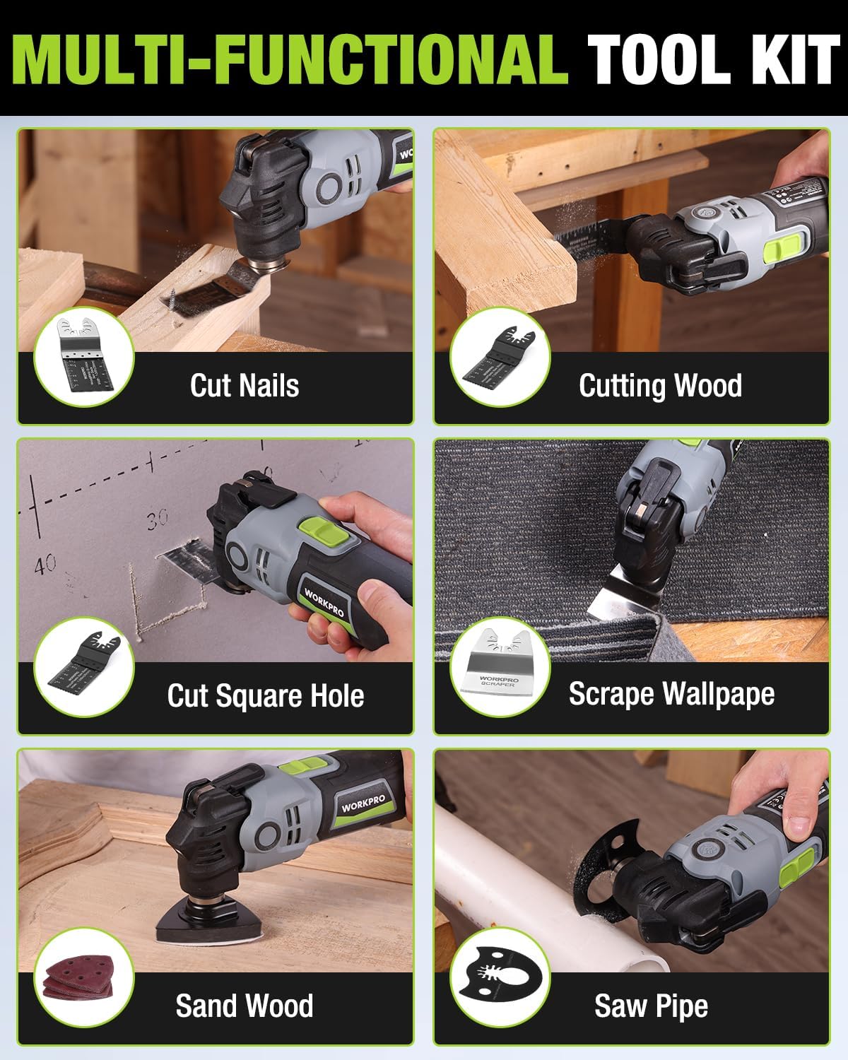 WORKPRO oscillating multi-tool with assorted accessories for cutting, sanding and scraping