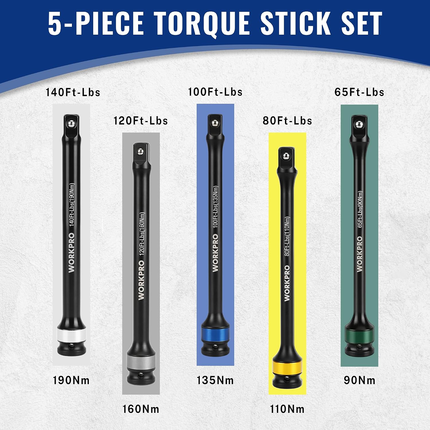 5-piece torque stick set with color-coded impact extensions for lug nuts