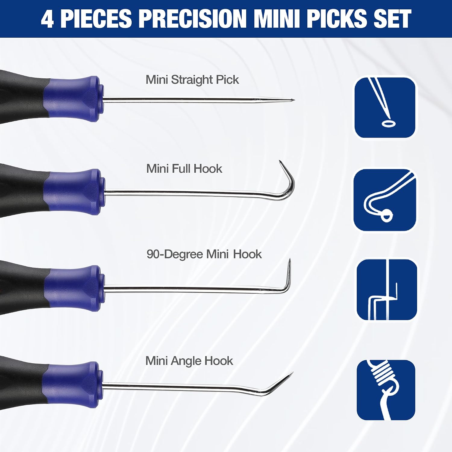 Mini precision hooks and picks set with blue grips and curved steel tips
