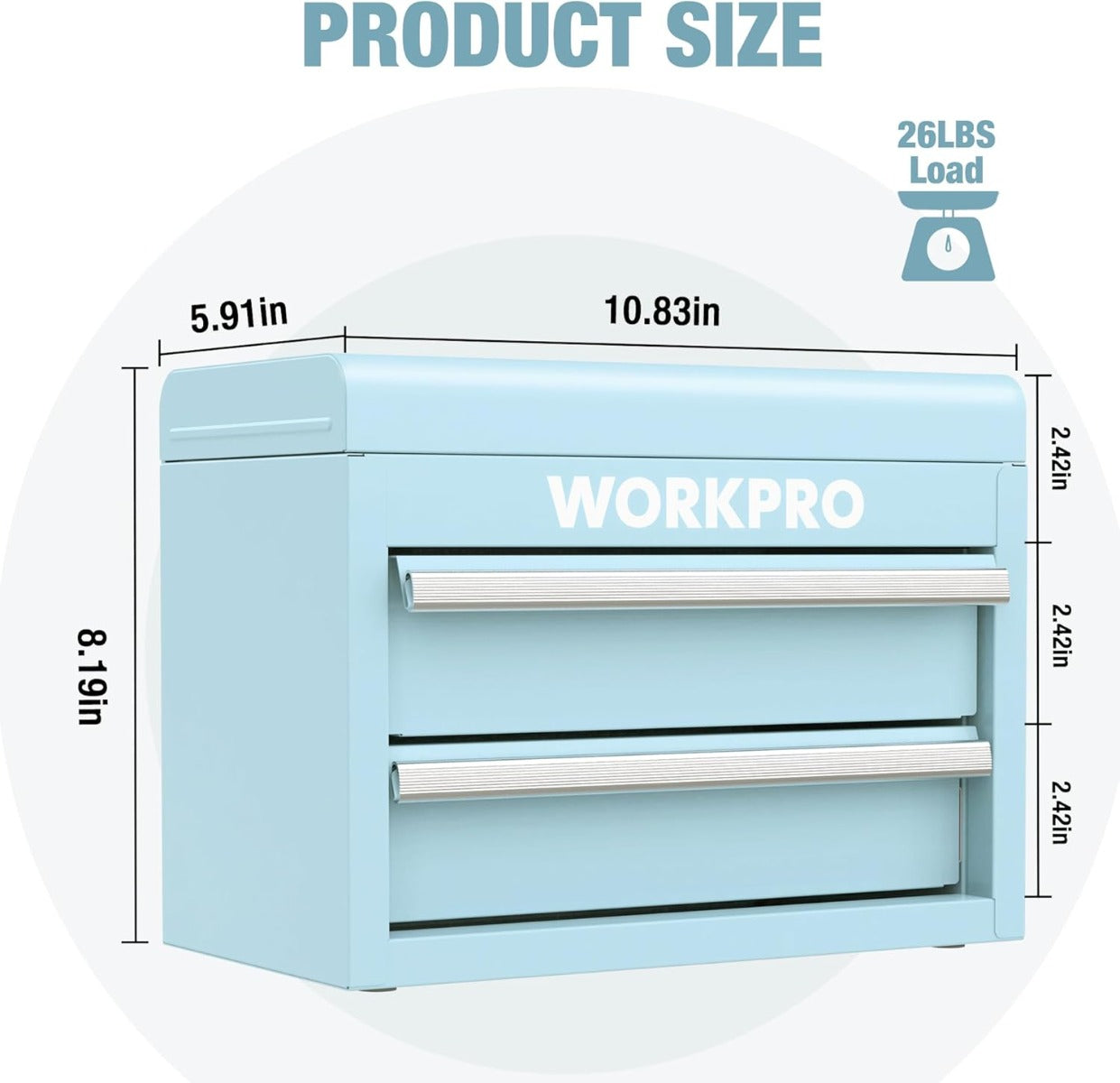 Light blue WORKPRO mini metal tool box with two drawers, front view with size diagram