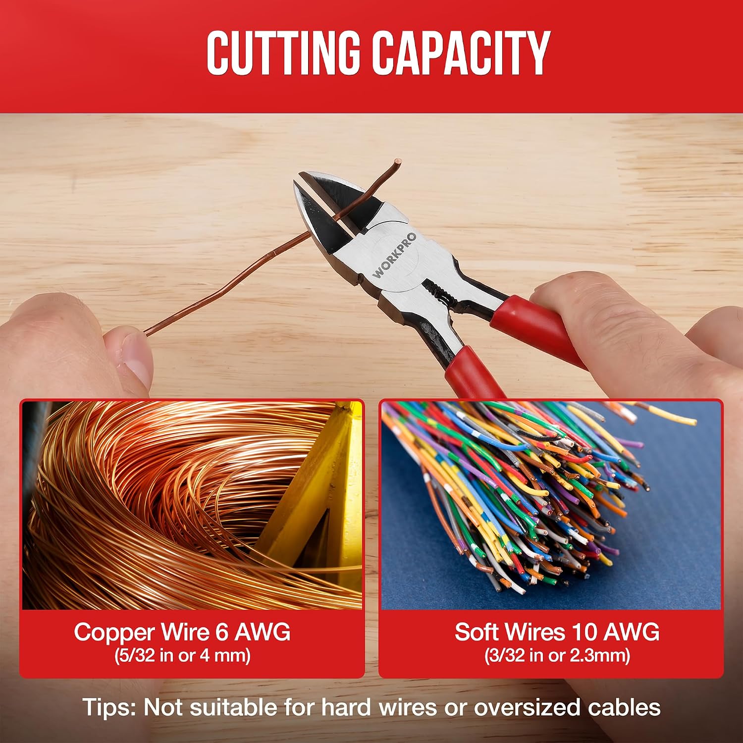 WORKPRO wire cutters cutting copper and soft wires, red handles and angled blades