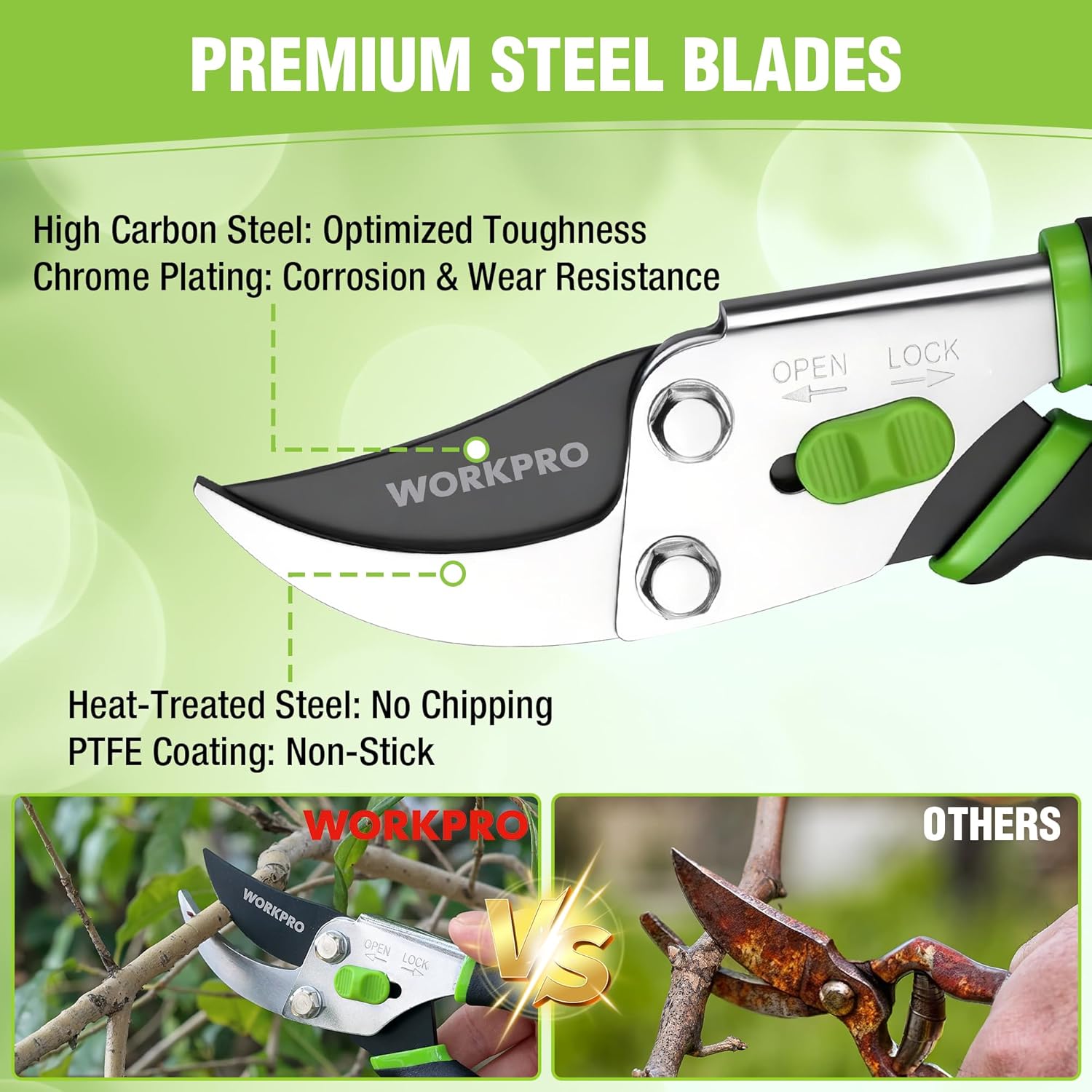 Bypass pruning shears with black and green non-slip handles, open-lock thumb switch