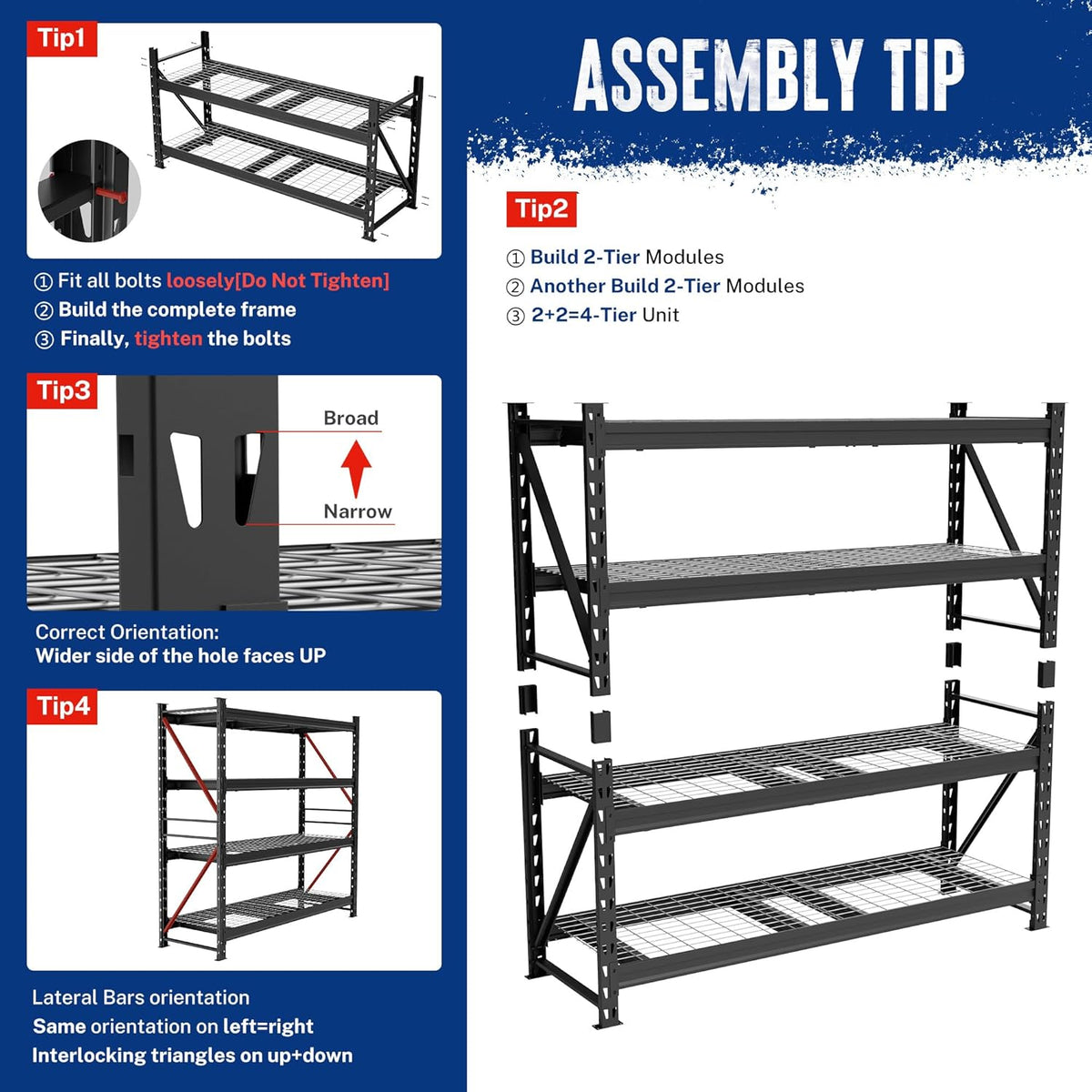 Black 4-tier storage rack assembly diagram with wire shelf decks and side rails