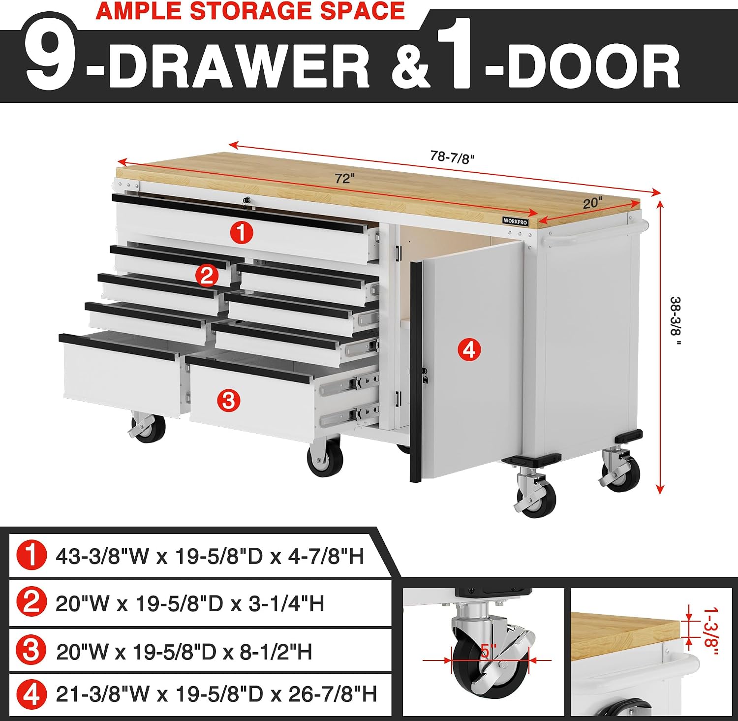 Mobile tool chest with 9 drawers and 1 door, open storage with four casters