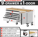 WORKPRO 72" x 22" 9-Drawer & 1-Door Rolling Tool Chest, Mobile Tool Storage Cabinet with Power Strip, Locking System, Heavy Duty Rolling Cabinet for Garage, Home & Kitchen, 1500 lbs Capacity