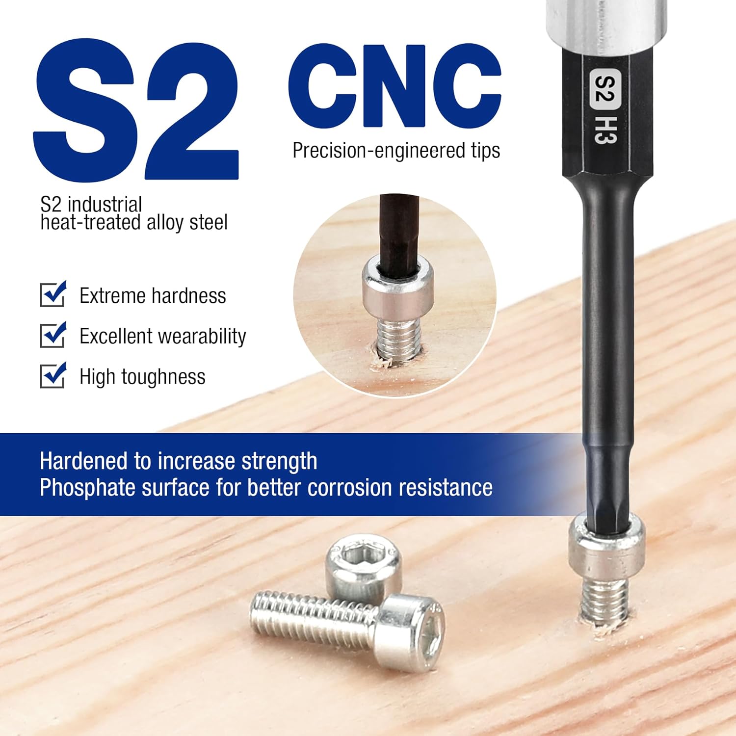 S2 CNC precision-engineered hex Allen bit driving a screw into wood
