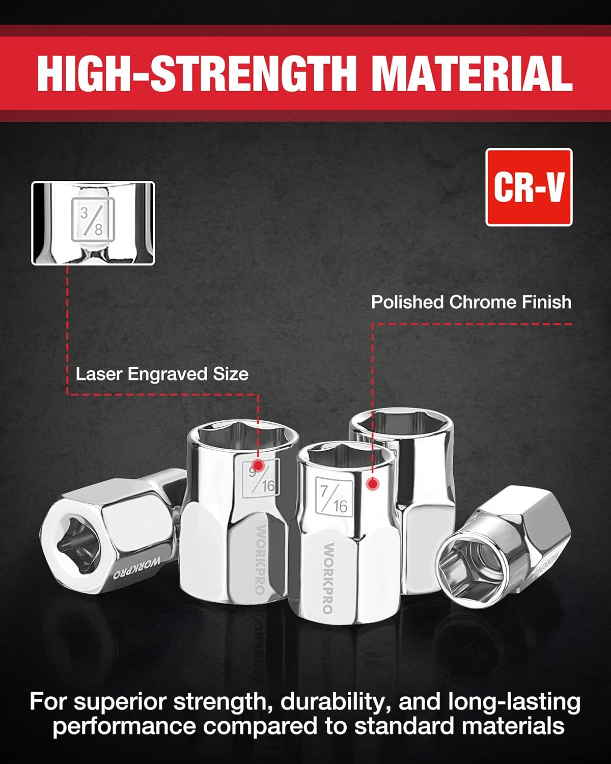3/8-in drive CR-V 6-point sockets with polished chrome finish and size markings