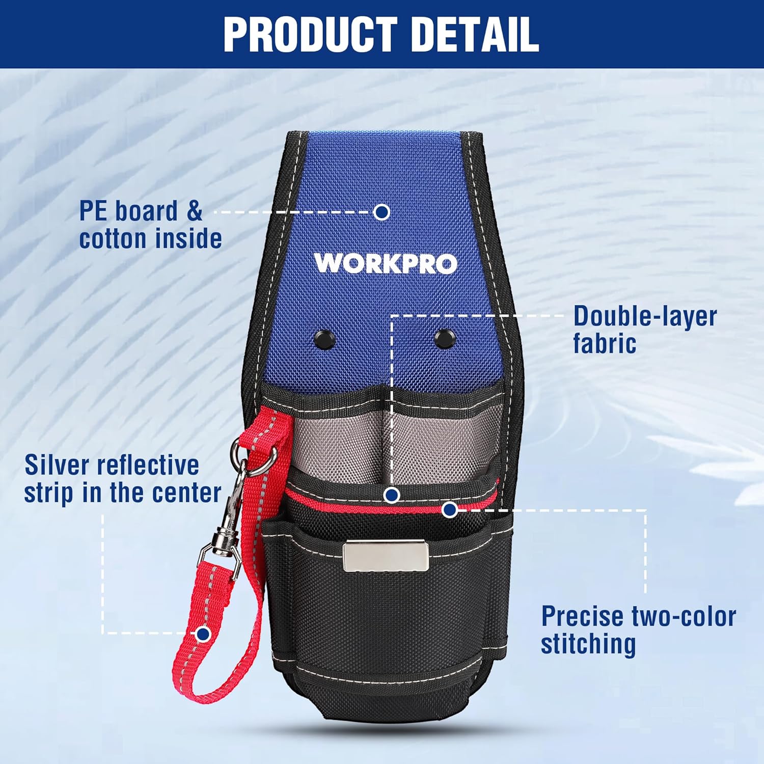 Blue and black tool holster with reflective strip, double-layer fabric, and stitched pockets