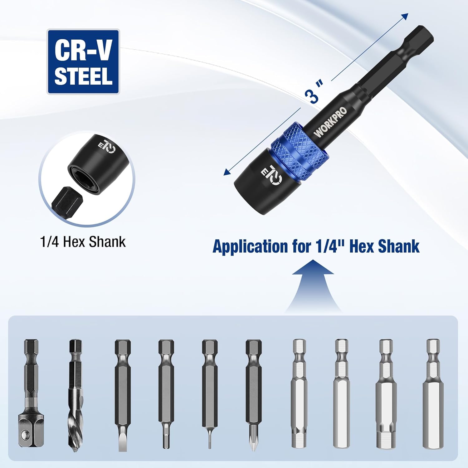 Drill bit extension adapter with 1/4 hex shank, CR-V steel, blue knurled grip ring