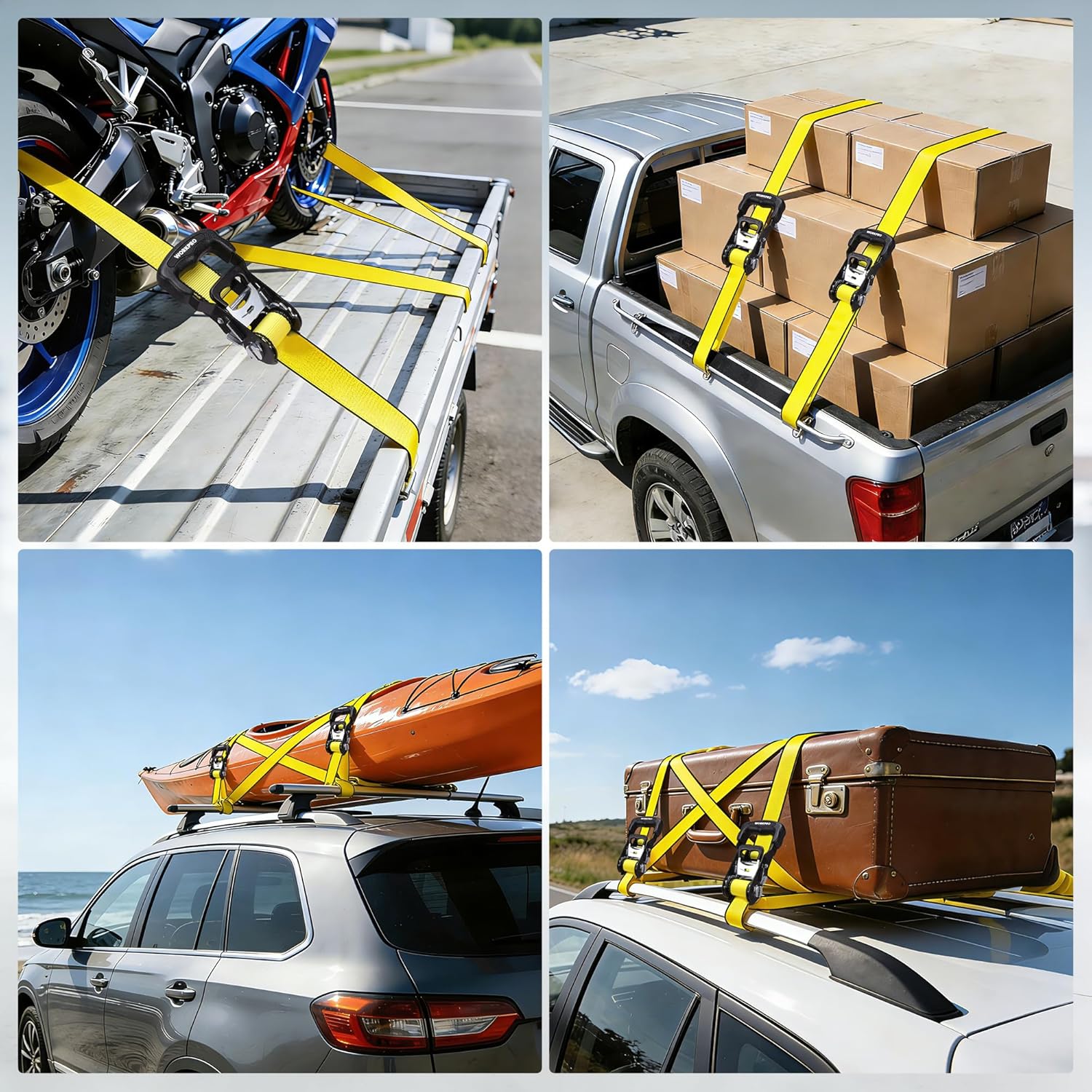 WORKPRO ratchet tie downs securing cargo with yellow straps on a truck and roof