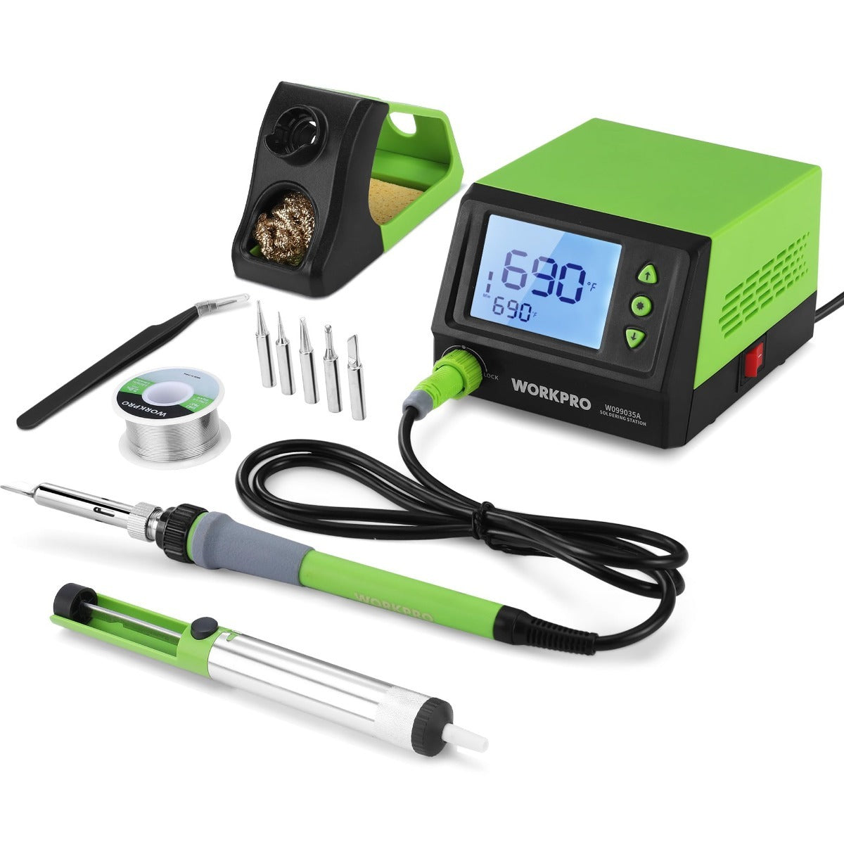 WORKPRO digital soldering station kit with LCD display, soldering iron, tips, and wire spool