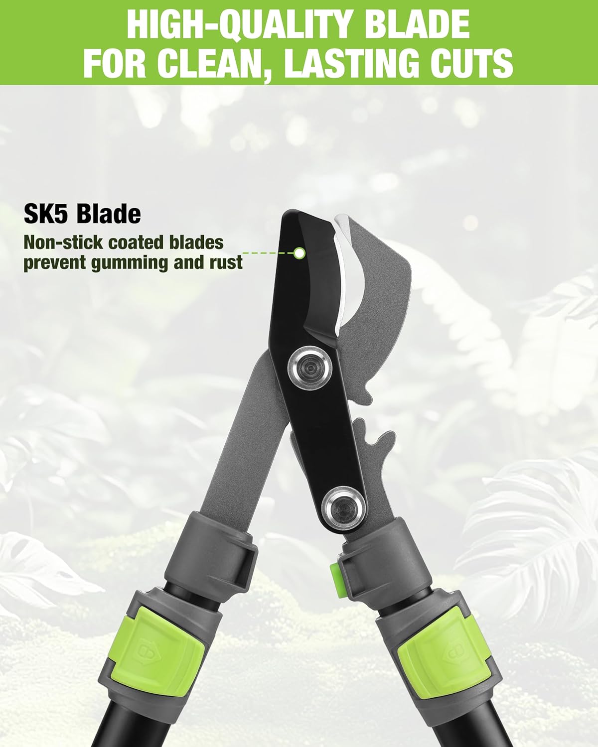 Bypass lopper blade close-up with non-stick coated black blade and two metal pivot points