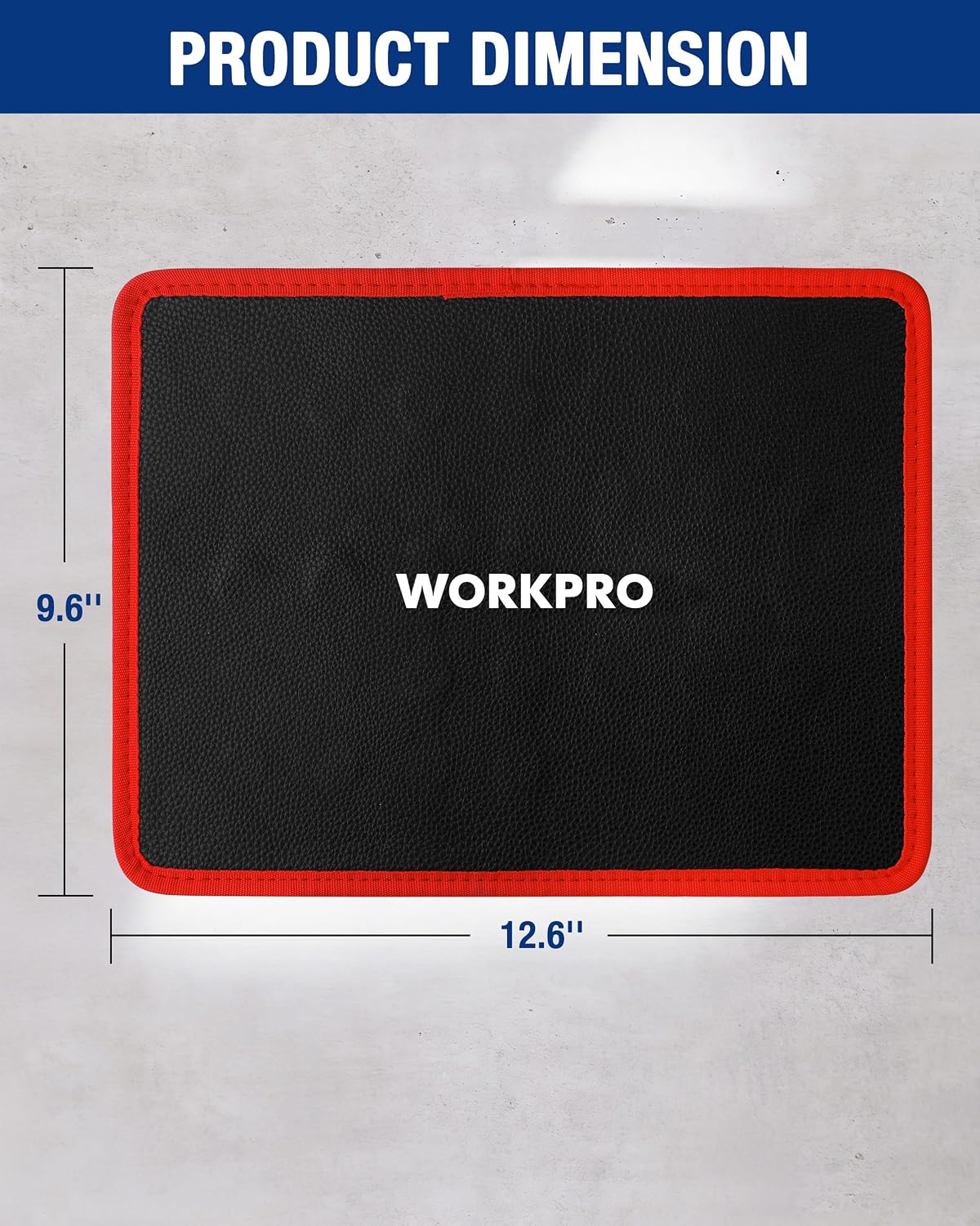 Flexible magnetic tool holder tray with black textured surface and red edge trim.
