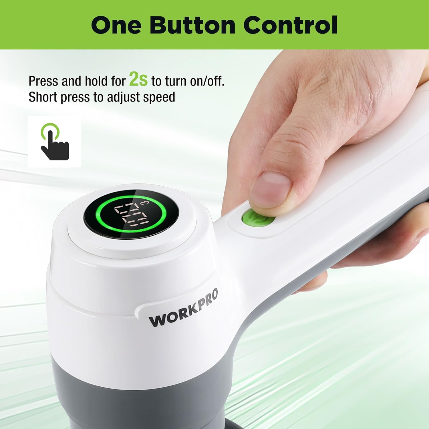 WORKPRO electric scrubber with one-button control and speed adjustment on the top