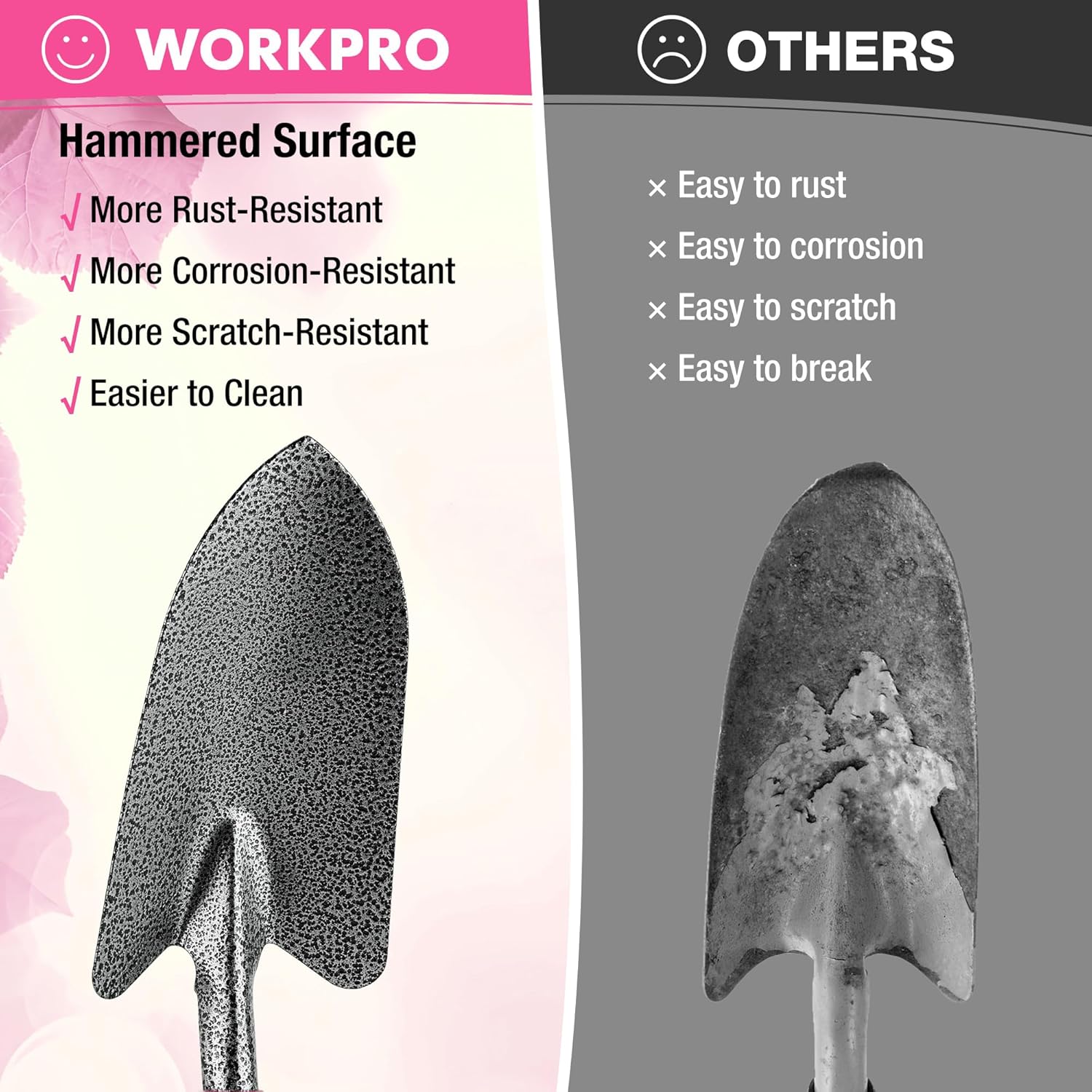 WORKPRO hammered metal hoe blade with pink handle, rust-resistant garden digging tool
