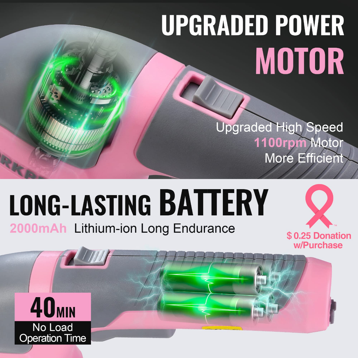 Cordless 2-in-1 shrub and grass trimmer, pink body with dual blade heads